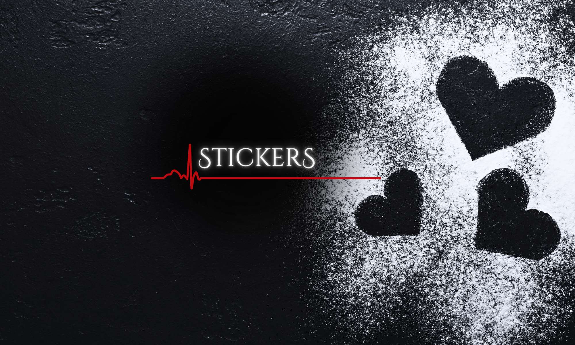 White heart flour cutouts on a black background, with the header stickers underlined by a red line shaped like a heartbeat. 