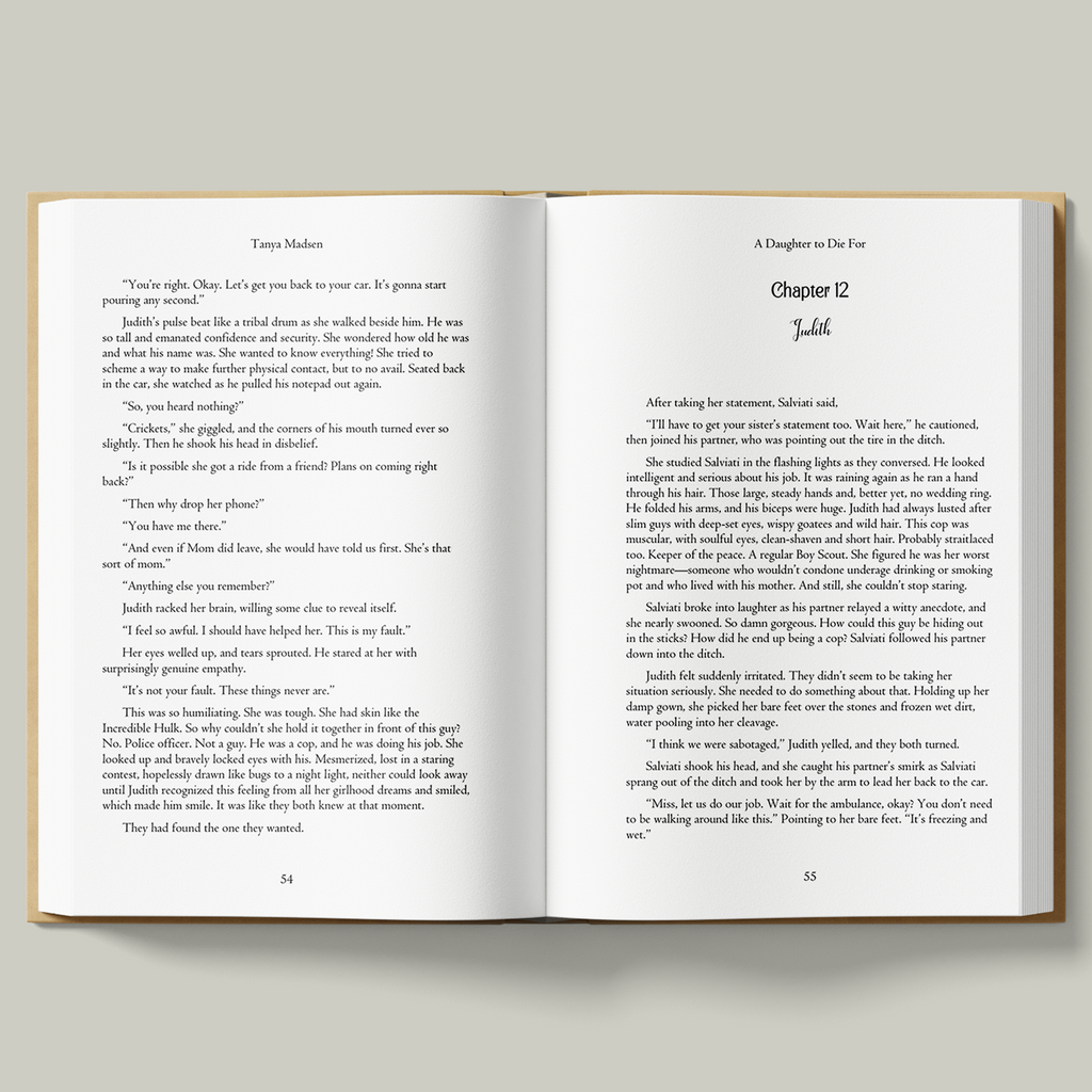 An interior page from A Daughter to Die For showing the book’s typography and a reading sample from Chapter 12.