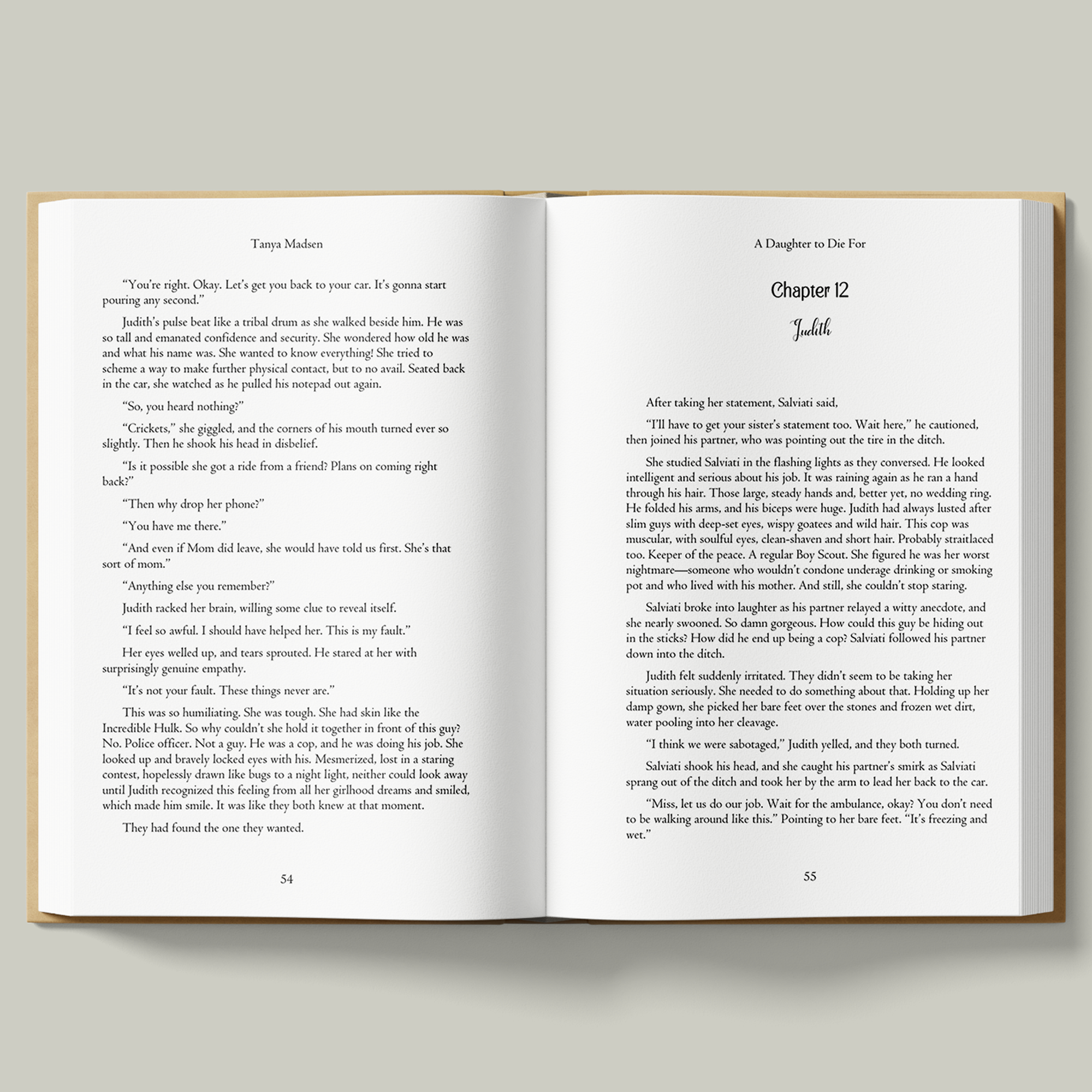 An interior page from A Daughter to Die For showing the book’s typography and a reading sample from Chapter 12.