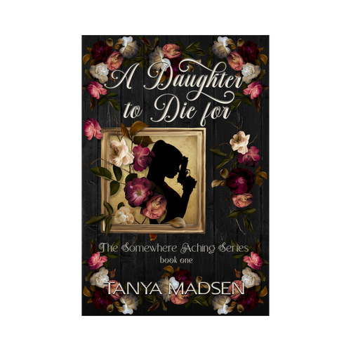 A front‑facing image of the book A Daughter to Die For, surrounded by a floral design. The cover shows a silhouette of a daughter holding a gun with her head bowed. 