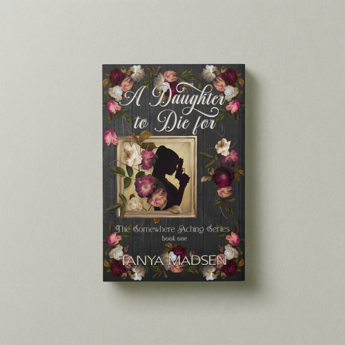 A front‑facing image of the book A Daughter to Die For, surrounded by a floral design. The cover shows a silhouette of a daughter holding a gun with her head bowed. The book is set against a sage‑green background.