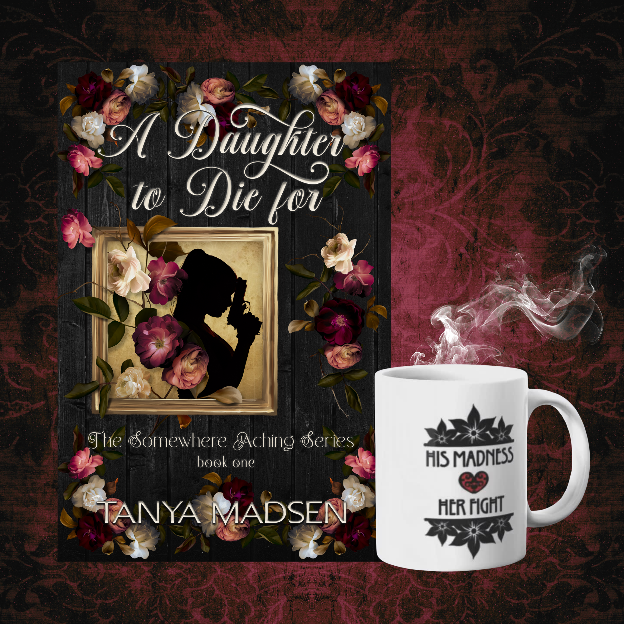 Book cover of 'A Daughter to Die For' by Tanya Madsen next to the Broken Boy & Angry Girl mug on a dark background