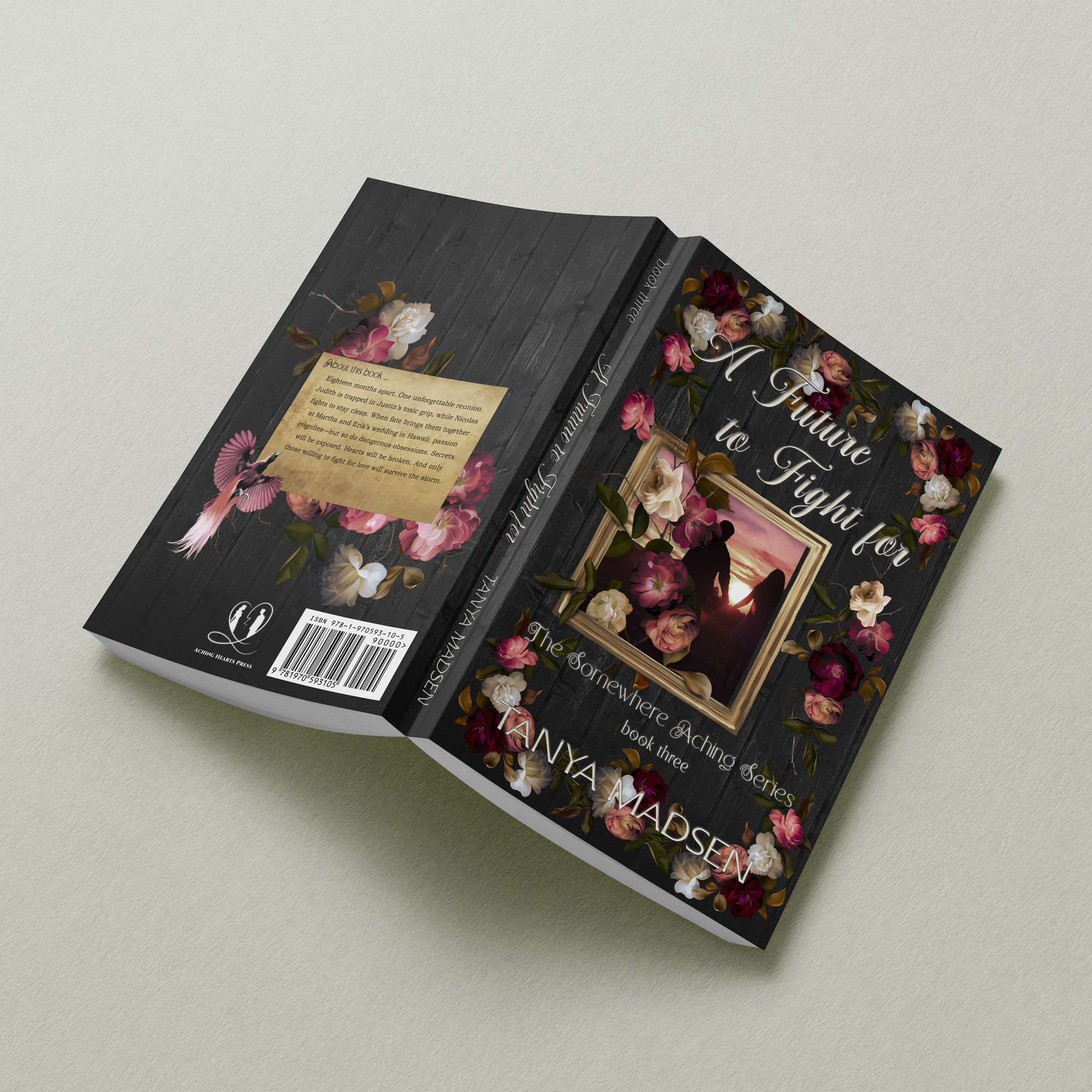 A flat‑lay image of the back cover of A Future to Fight For, featuring a floral design surrounding a silhouette of a couple holding hands watching the sunrise. The book rests on a sage‑green background, showing the full back cover and spine.