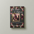A front‑facing image of the book A Future to Fight For, surrounded by a floral design. The cover shows a silhouette of a couple holding hands staring at the sunrise. The book is set against a sage‑green background.