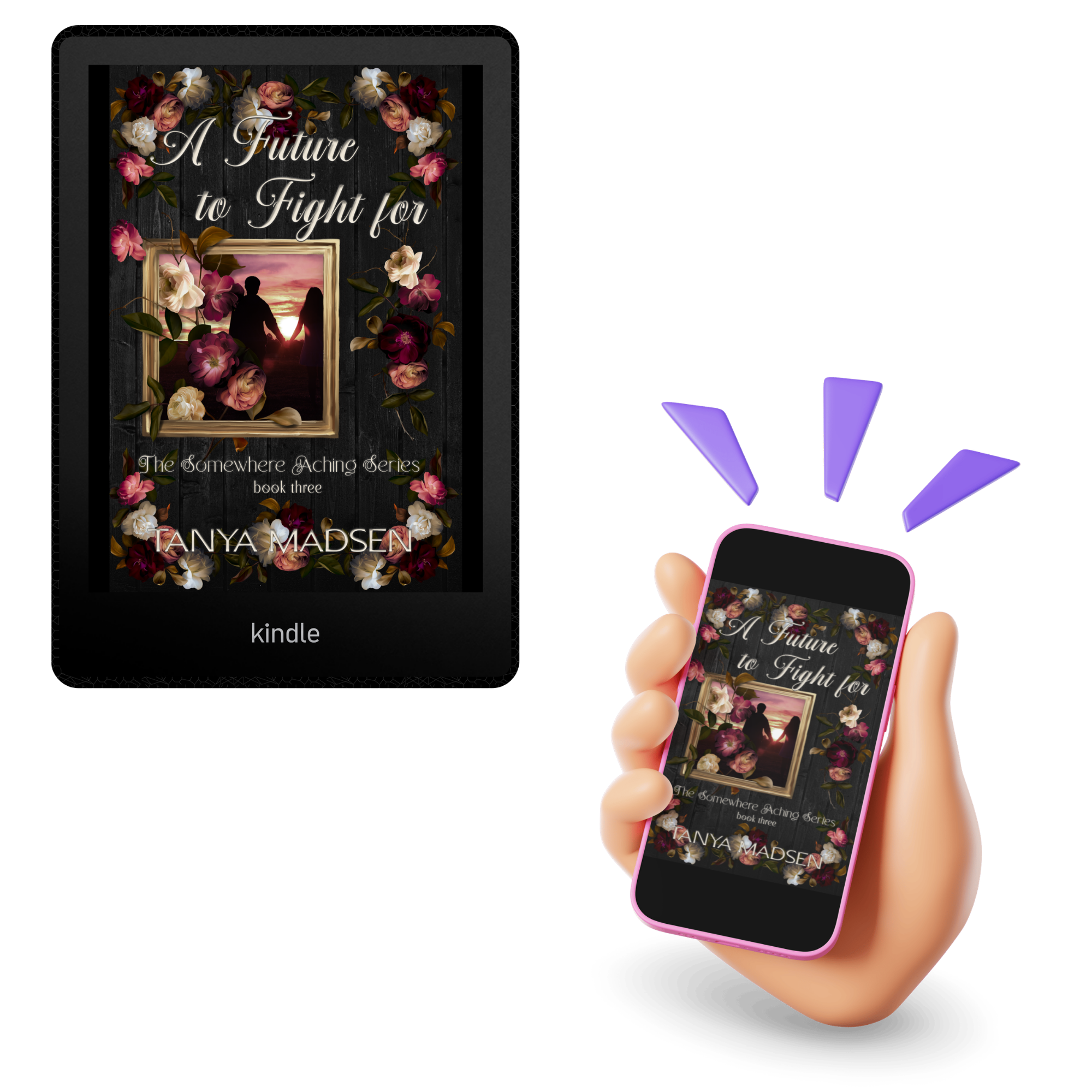 Kindle device displaying a book cover with a hand holding a smartphone showing the same book cover.