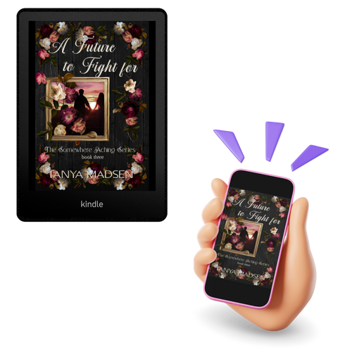 Kindle device displaying a book cover with a hand holding a smartphone showing the same book cover.