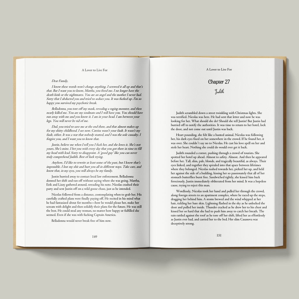 An interior page from A Lover to Live For showing the book’s typography and a reading sample from Chapter 27.