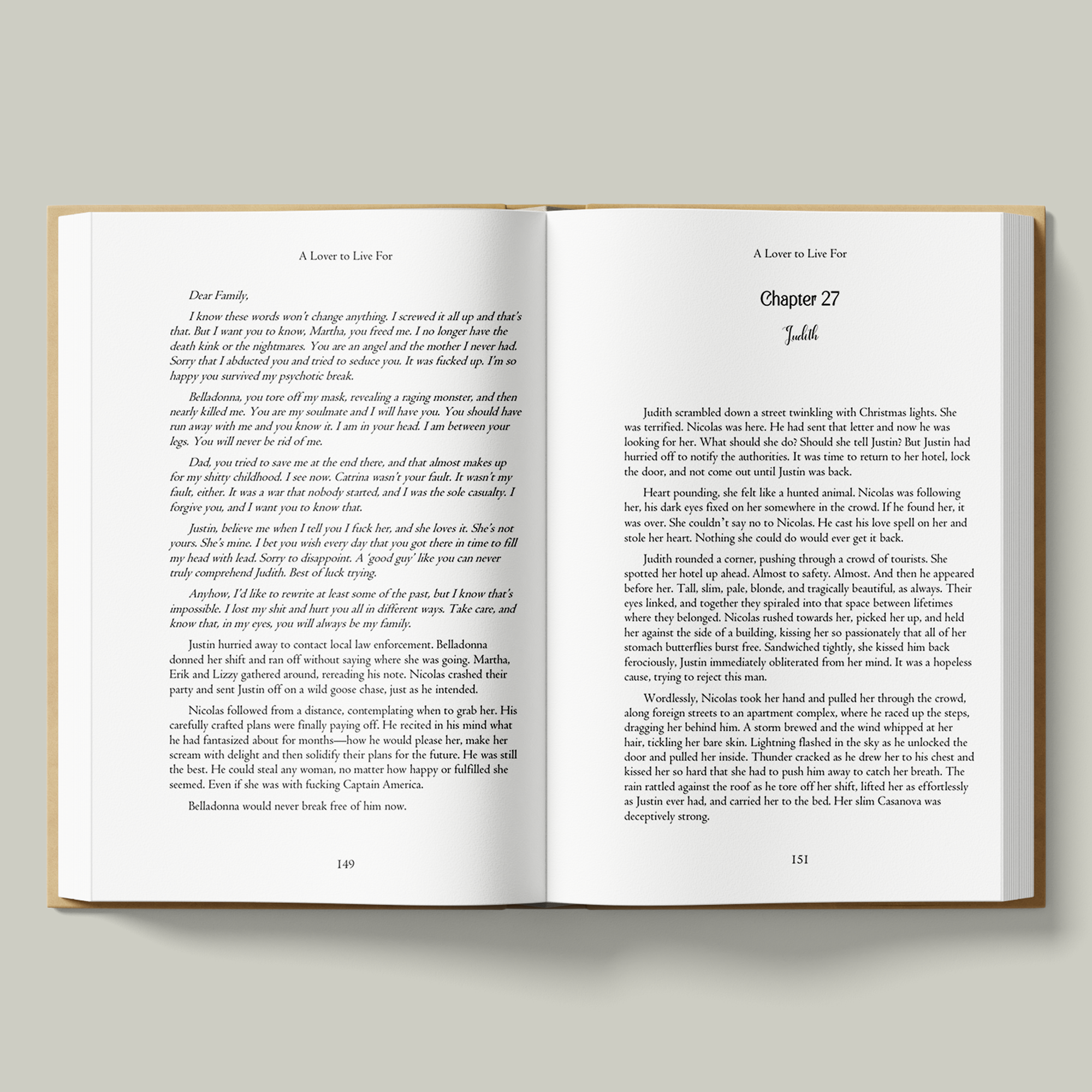 An interior page from A Lover to Live For showing the book’s typography and a reading sample from Chapter 27.
