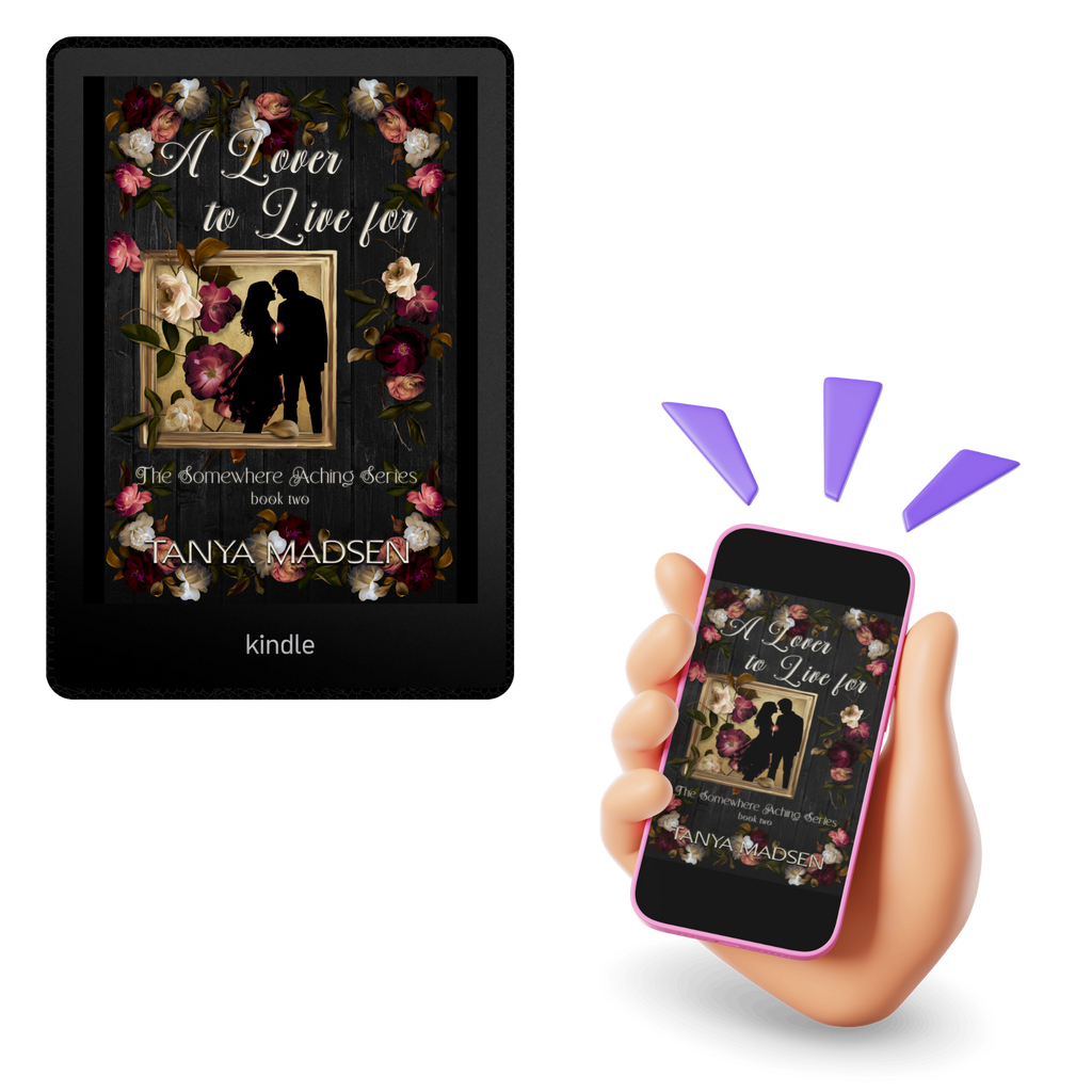 Kindle device and smartphone displaying a book cover with floral and couple design.