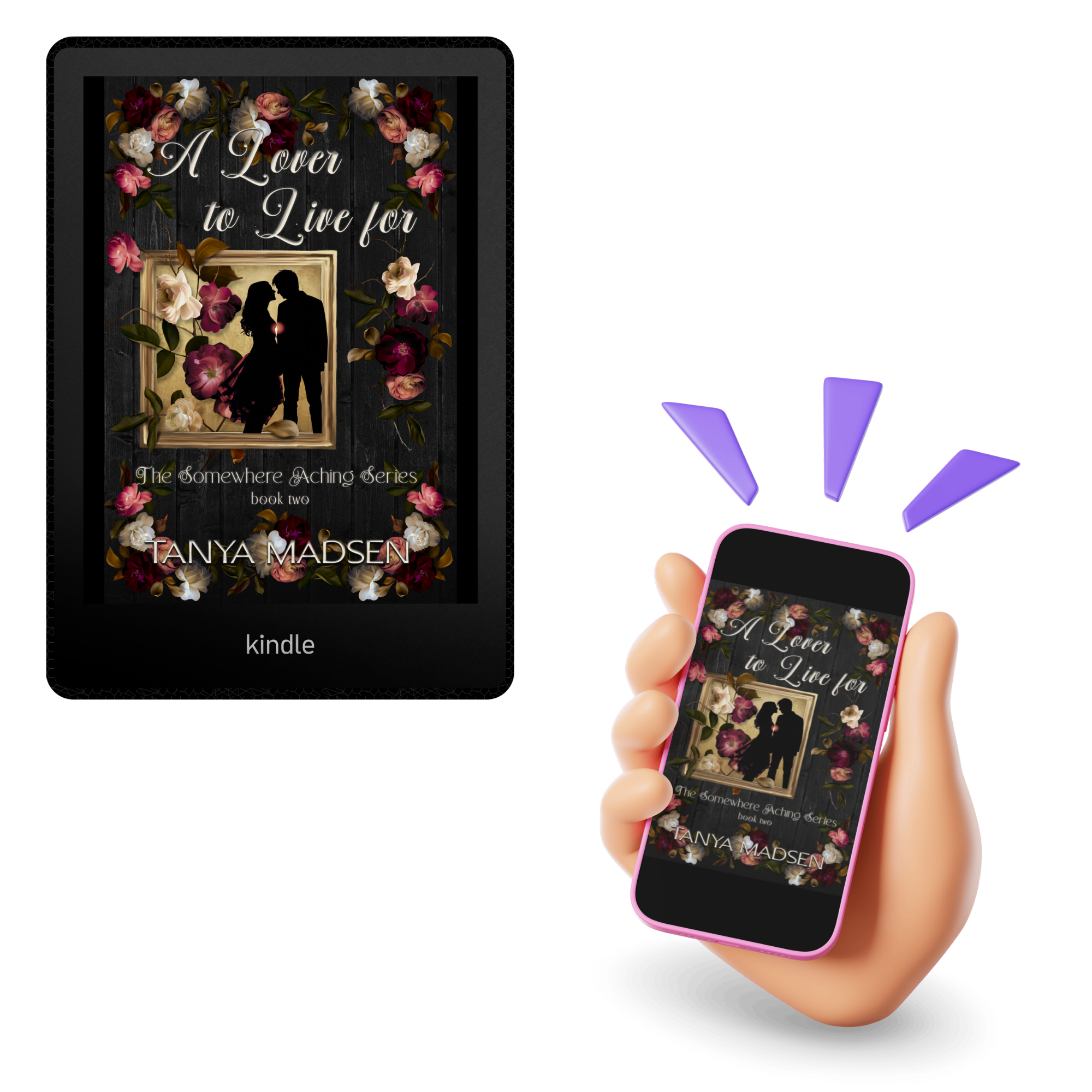 Kindle device and smartphone displaying a book cover with floral and couple design.