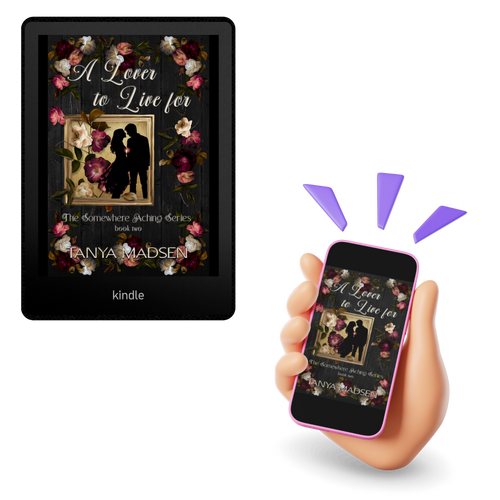 Kindle device and smartphone displaying a book cover with floral and couple design.