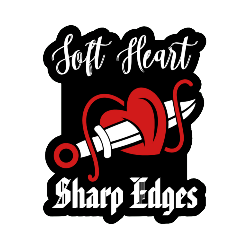 3x3 vinyl black bubble sticker reading ‘Soft Heart, Sharp Edges’ in black‑red‑white with holographic shine.