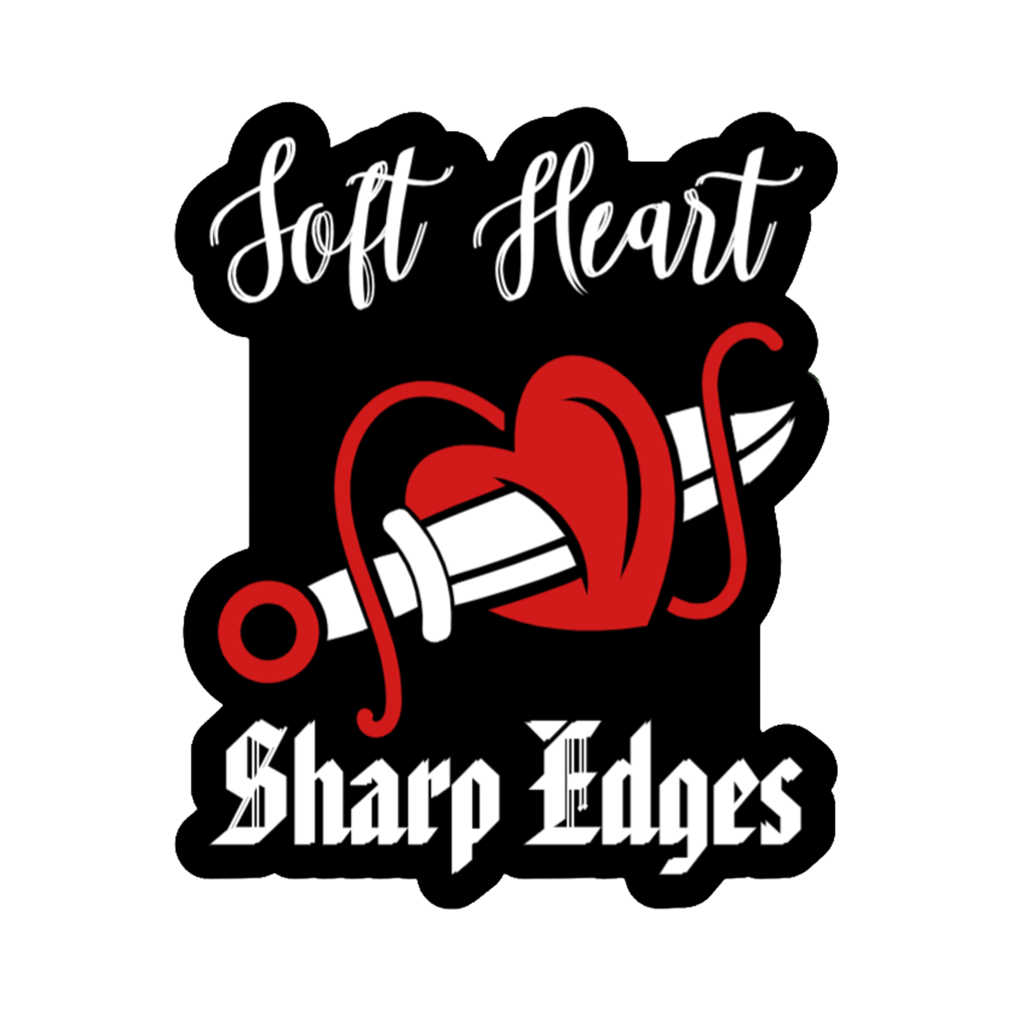 3x3 vinyl black bubble sticker reading ‘Soft Heart, Sharp Edges’ in black‑red‑white with holographic shine.