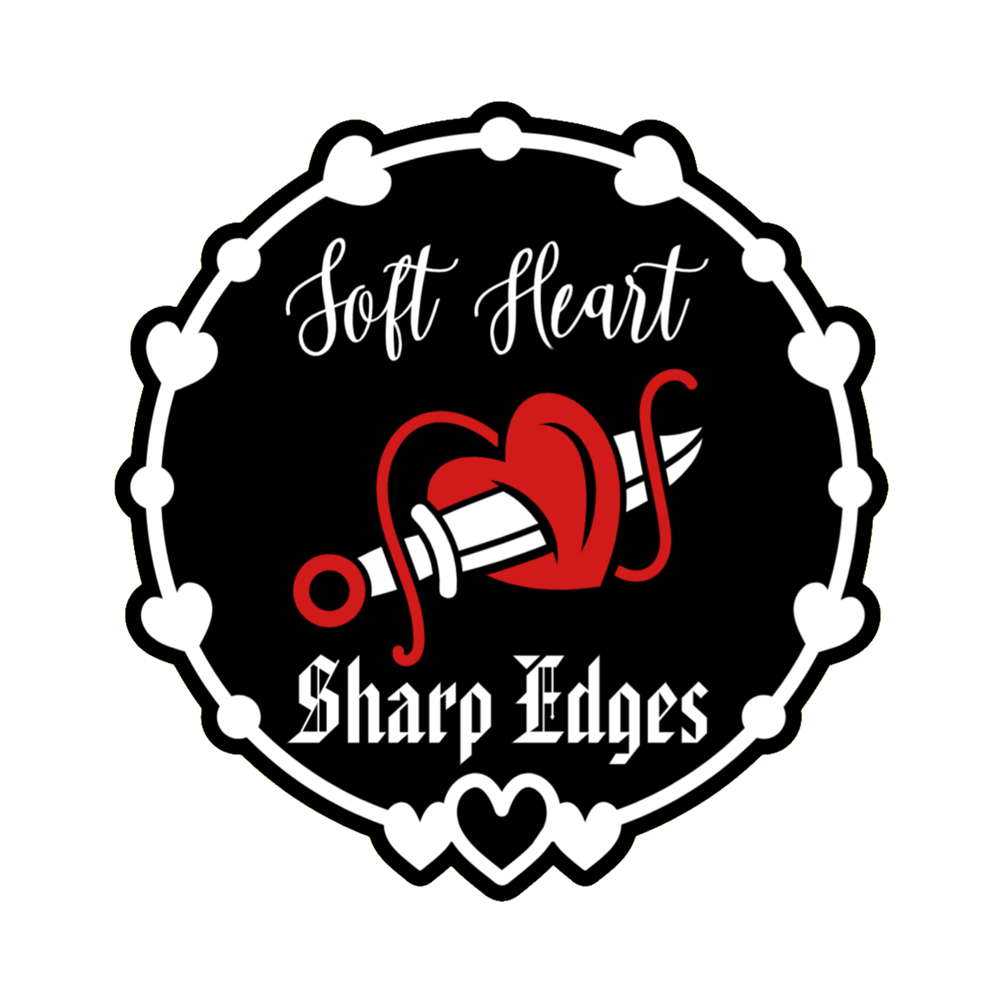 3x3 vinyl black circle sticker reading ‘Soft Heart, Sharp Edges’ in black‑red‑white with holographic shine.