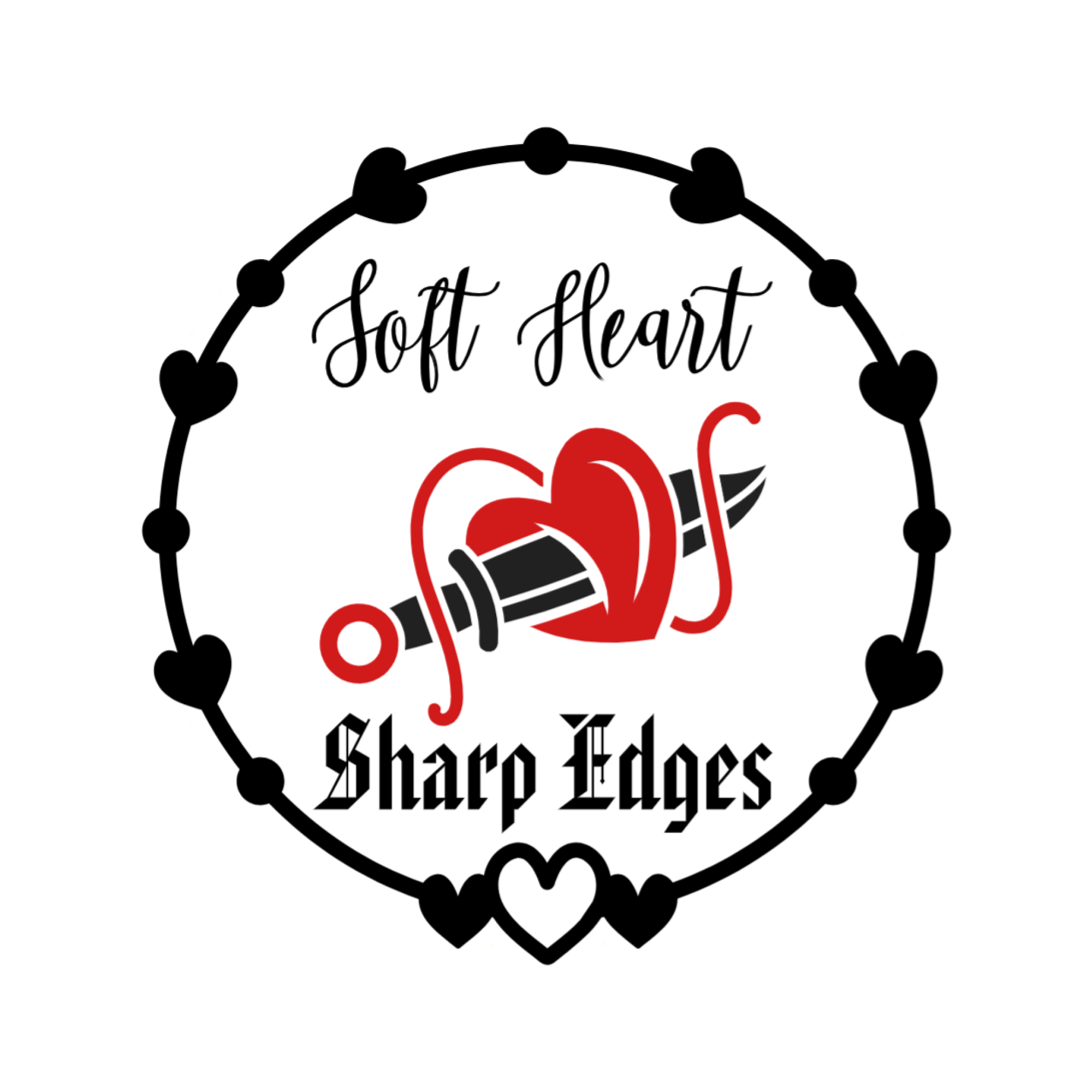 3x3 vinyl white circle sticker reading ‘Soft Heart, Sharp Edges’ in black‑red‑white with holographic shine.