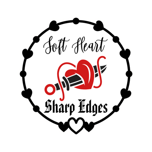 3x3 vinyl white circle sticker reading ‘Soft Heart, Sharp Edges’ in black‑red‑white with holographic shine.