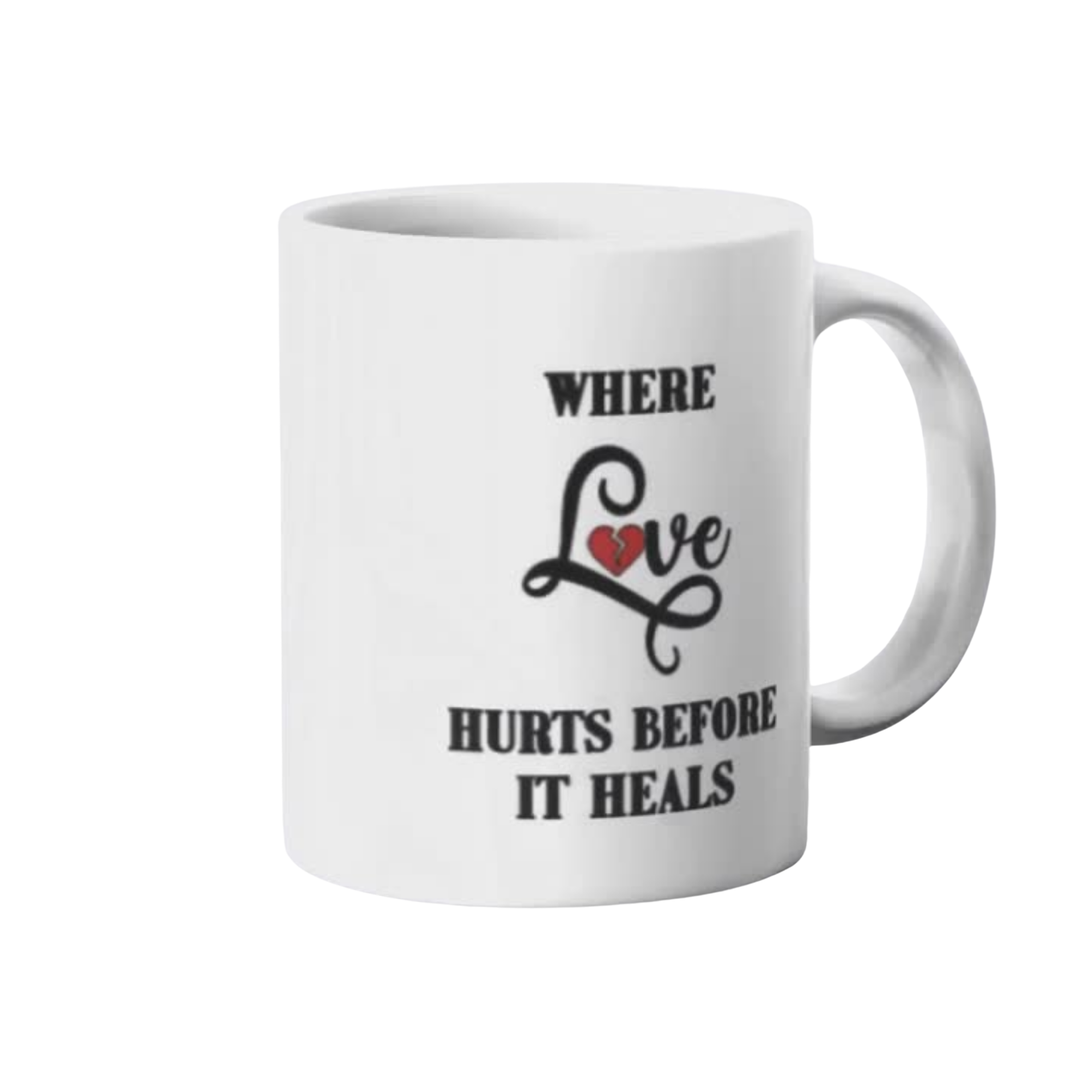 White mug with text 'Where Love Hurts Before It Heals' on a white background.
