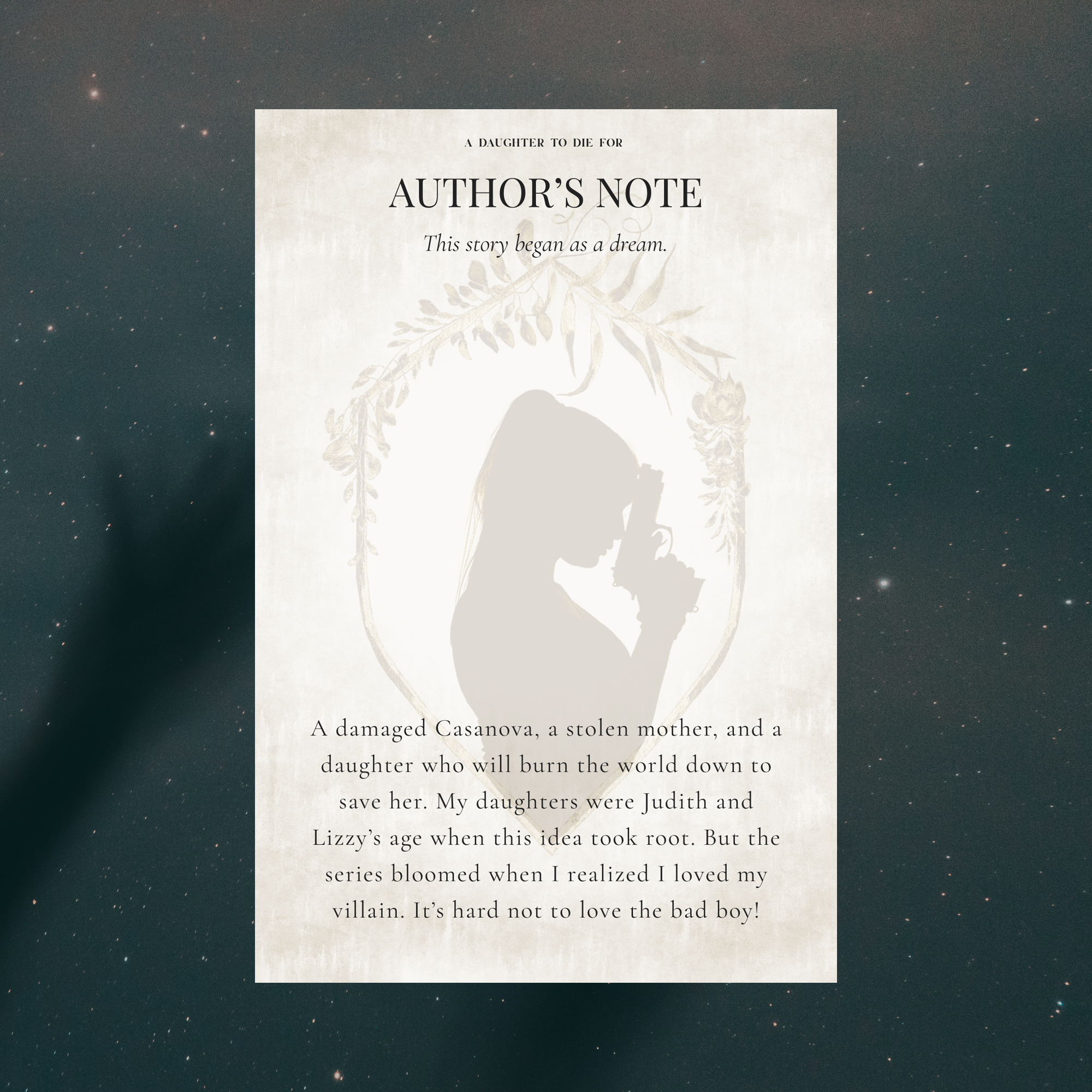 The first annotation card for A Daughter to Die For printed on cream matte cardstock in bronze with aged edges.