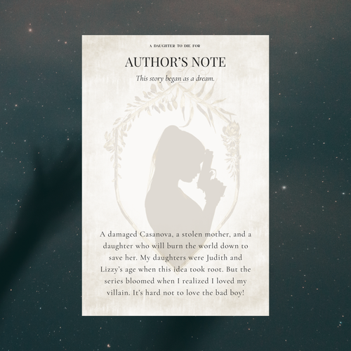 The first annotation card for A Daughter to Die For printed on cream matte cardstock in bronze with aged edges.