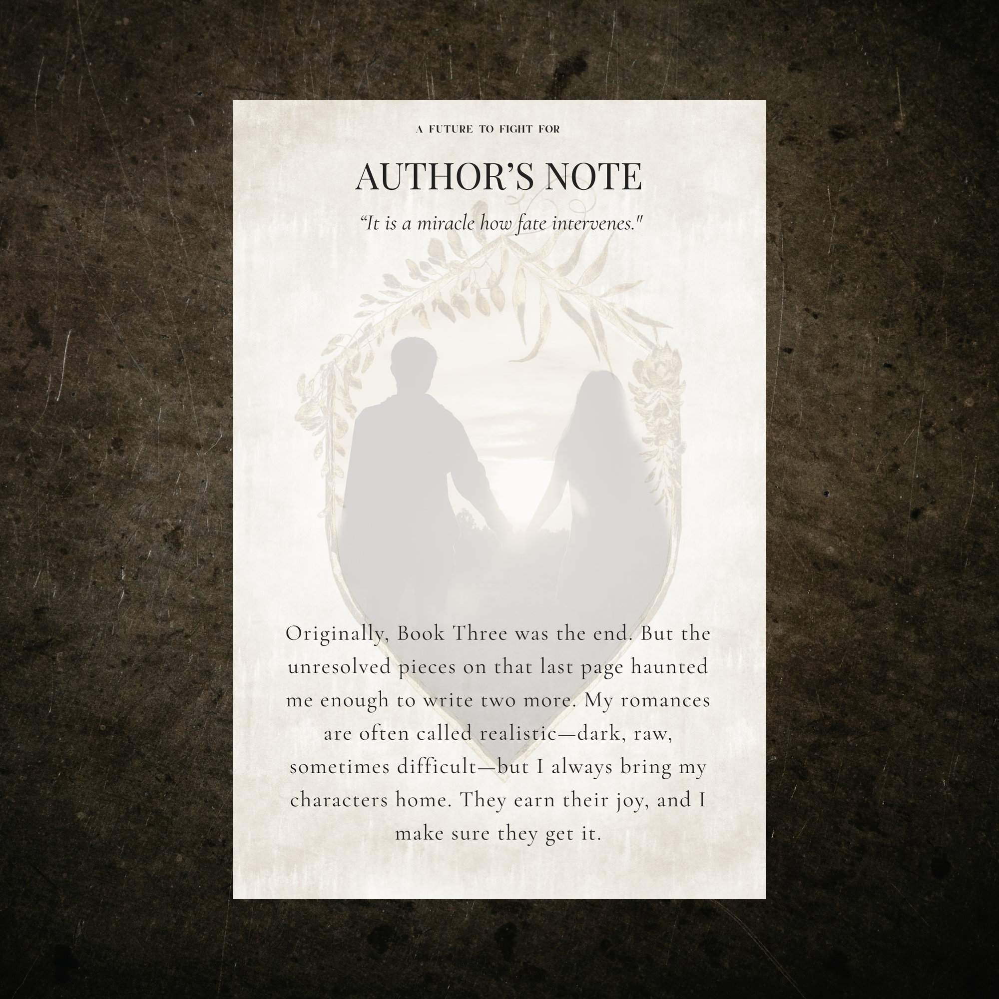 The first annotation card for A Future to Fight For printed on cream matte cardstock in bronze with aged edges.