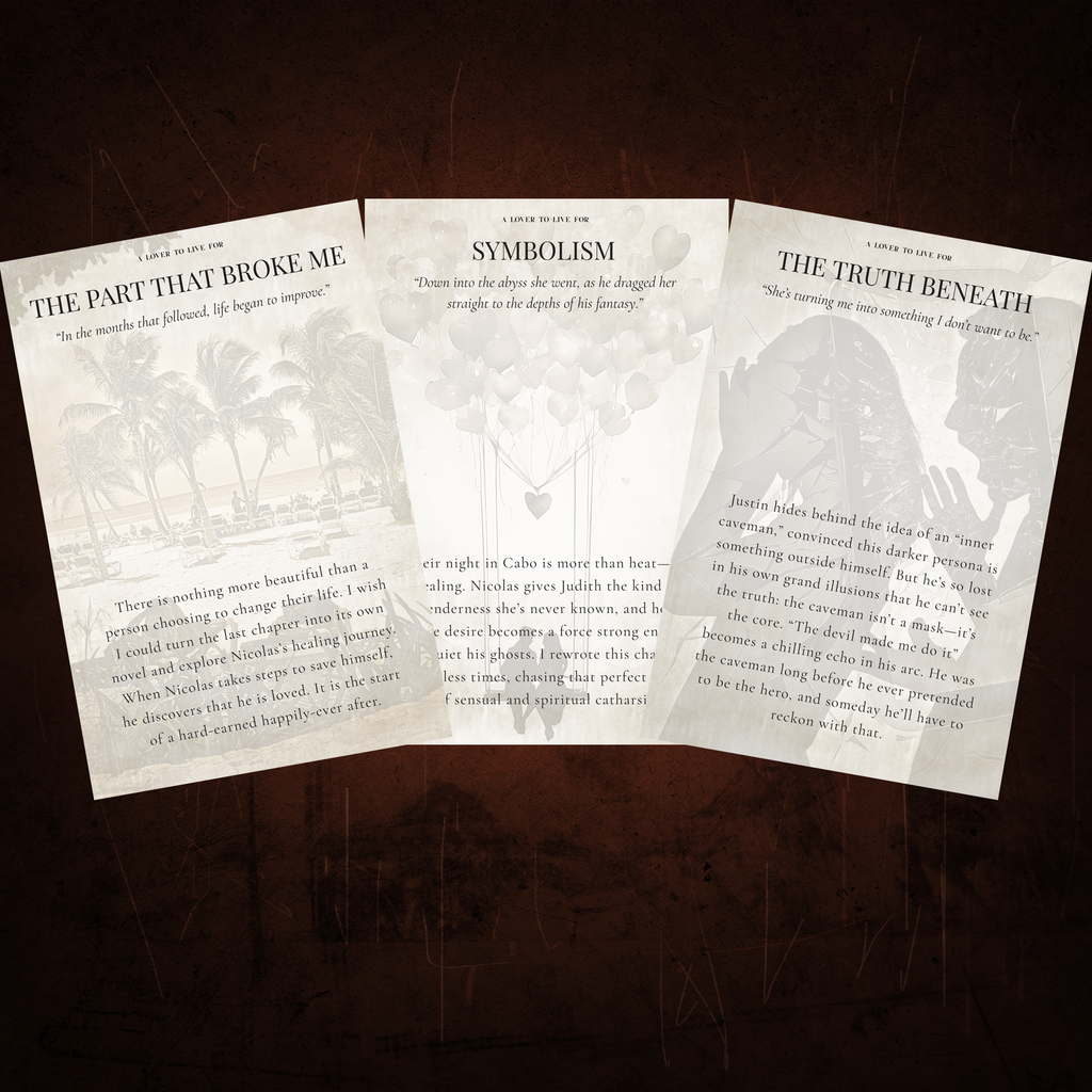 Three random annotation cards fanned out for A Lover to Live For printed on cream matte cardstock in bronze with aged edges.