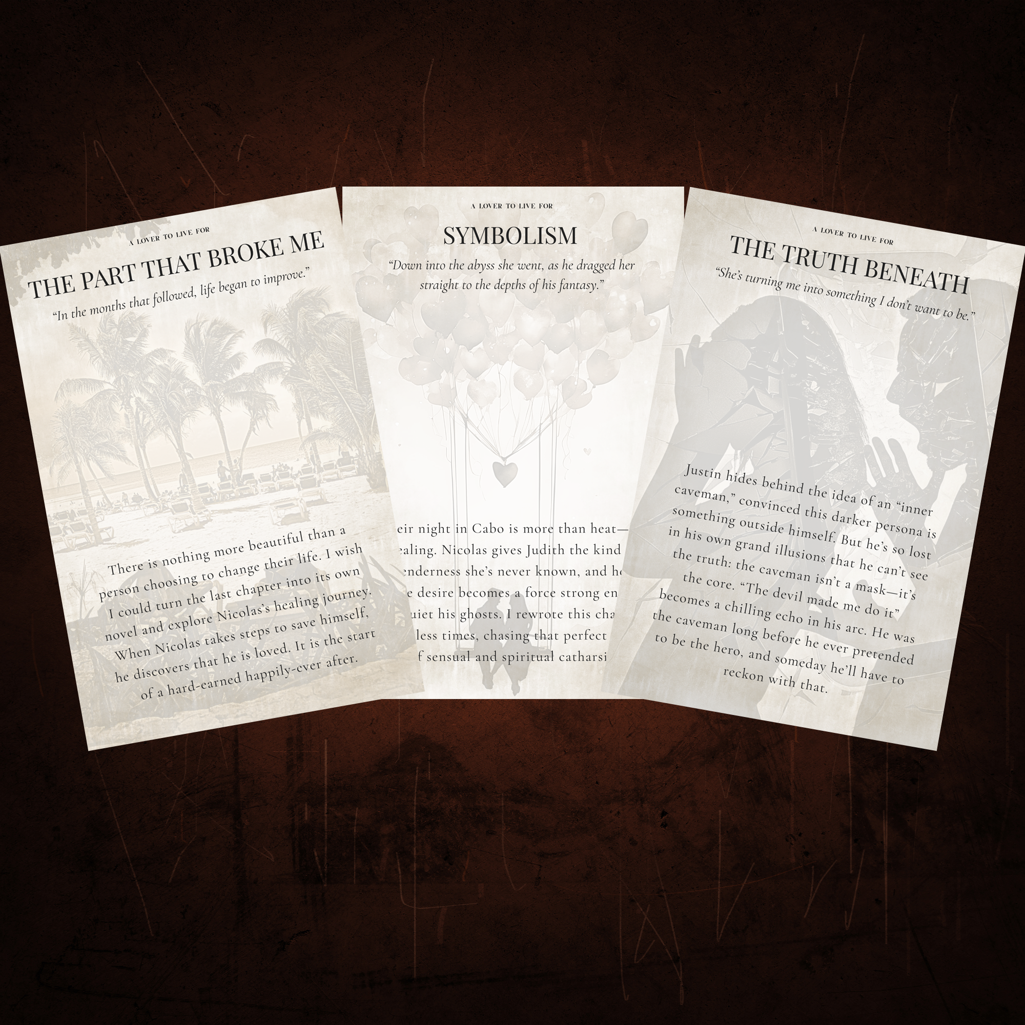 Three random annotation cards fanned out for A Lover to Live For printed on cream matte cardstock in bronze with aged edges.