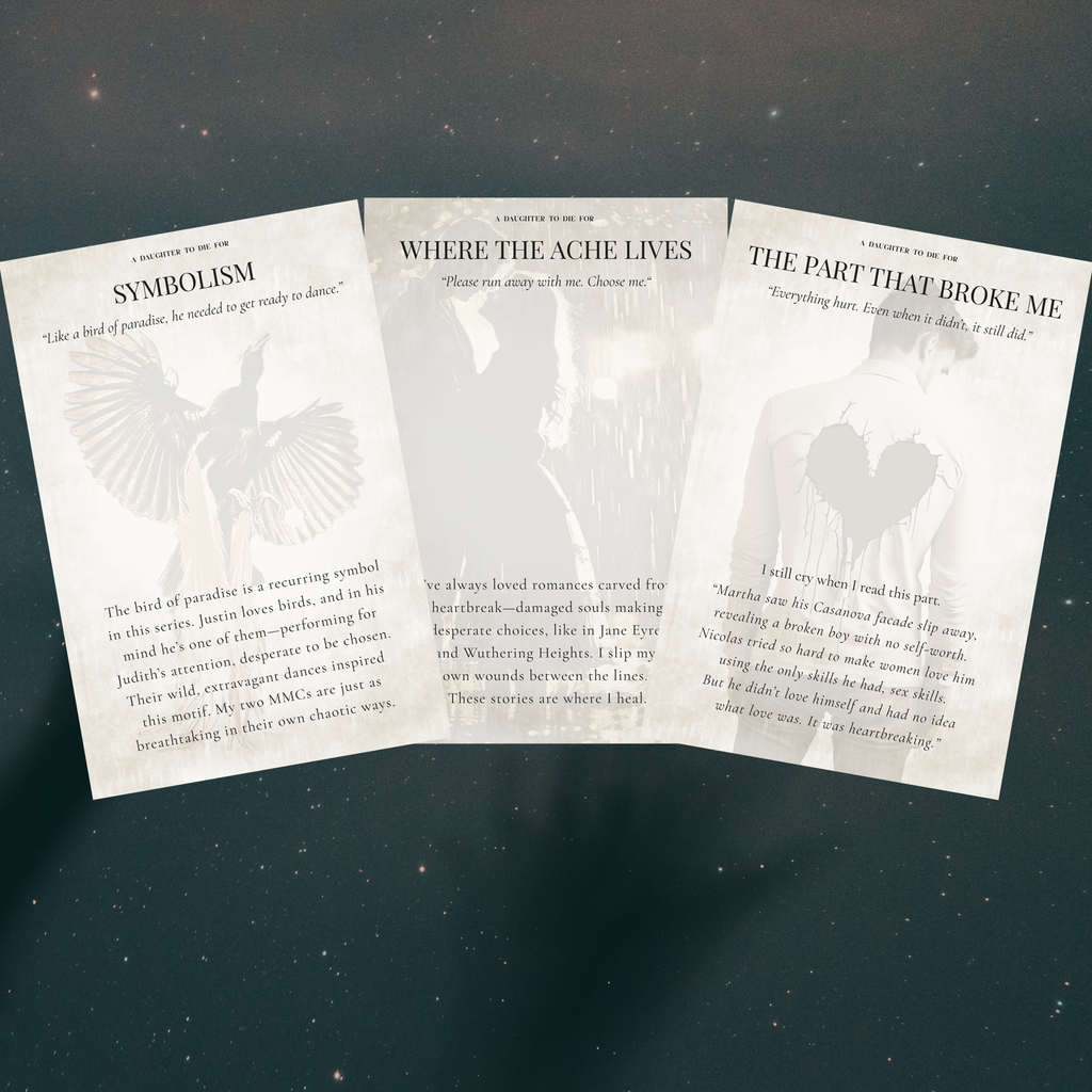 Three random annotation cards fanned out for A Daughter to Die For printed on cream matte cardstock in bronze with aged edges
