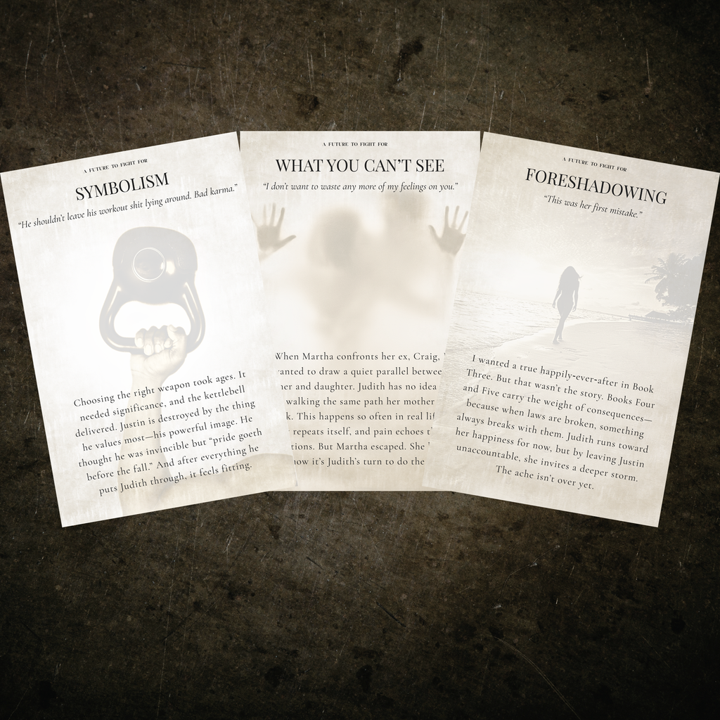 Three random annotation cards fanned out for A Future to Fight For printed on cream matte cardstock in bronze with aged edges.