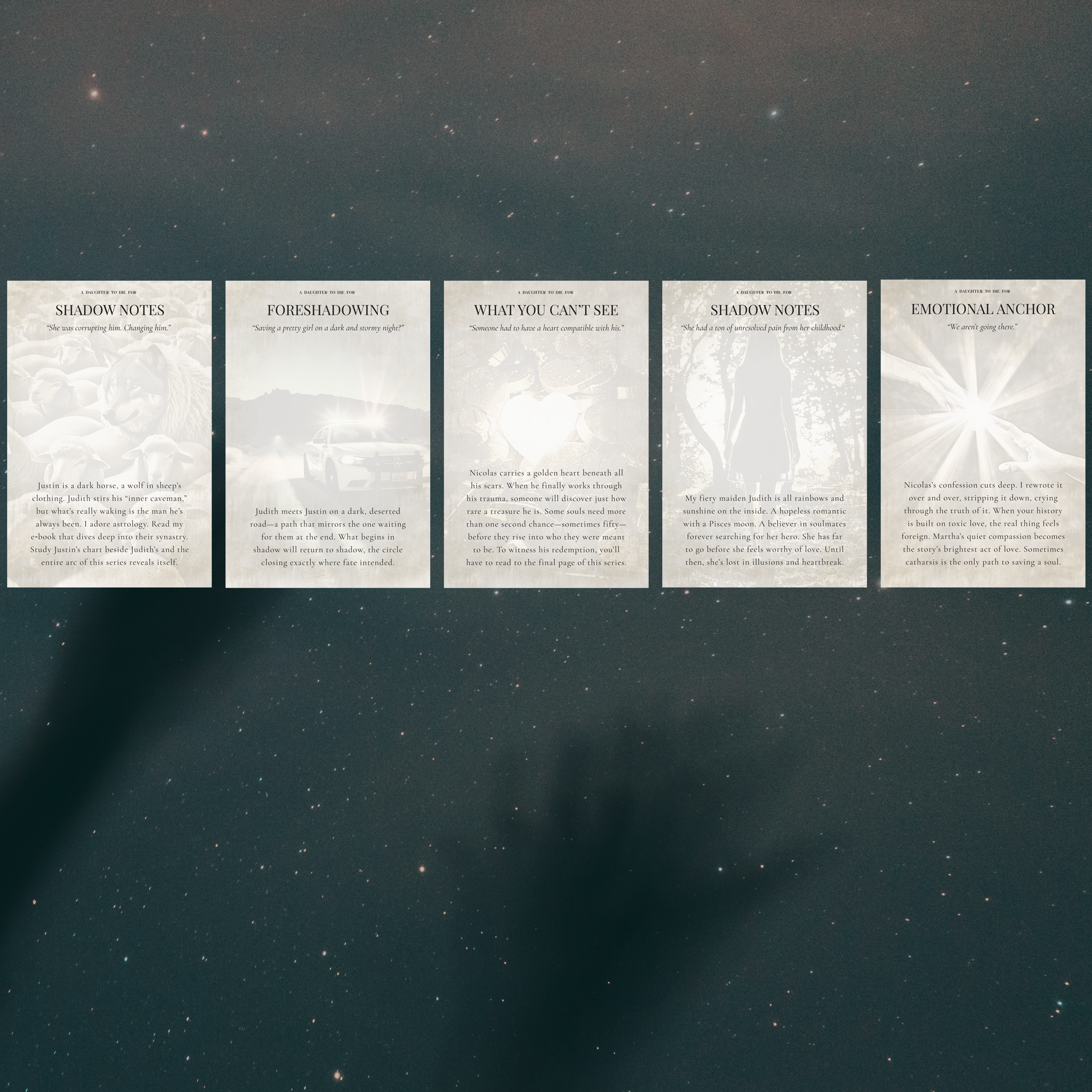 Five random annotation cards lined up for A Daughter to Die For.
