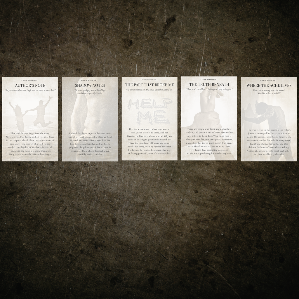 Five random annotation cards lined up for A Future to Fight For printed on cream matte cardstock in bronze with aged edges.
