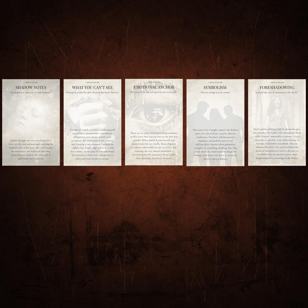 Five random annotation cards lined up for A Lover to Live For printed on cream matte cardstock in bronze with aged edges.