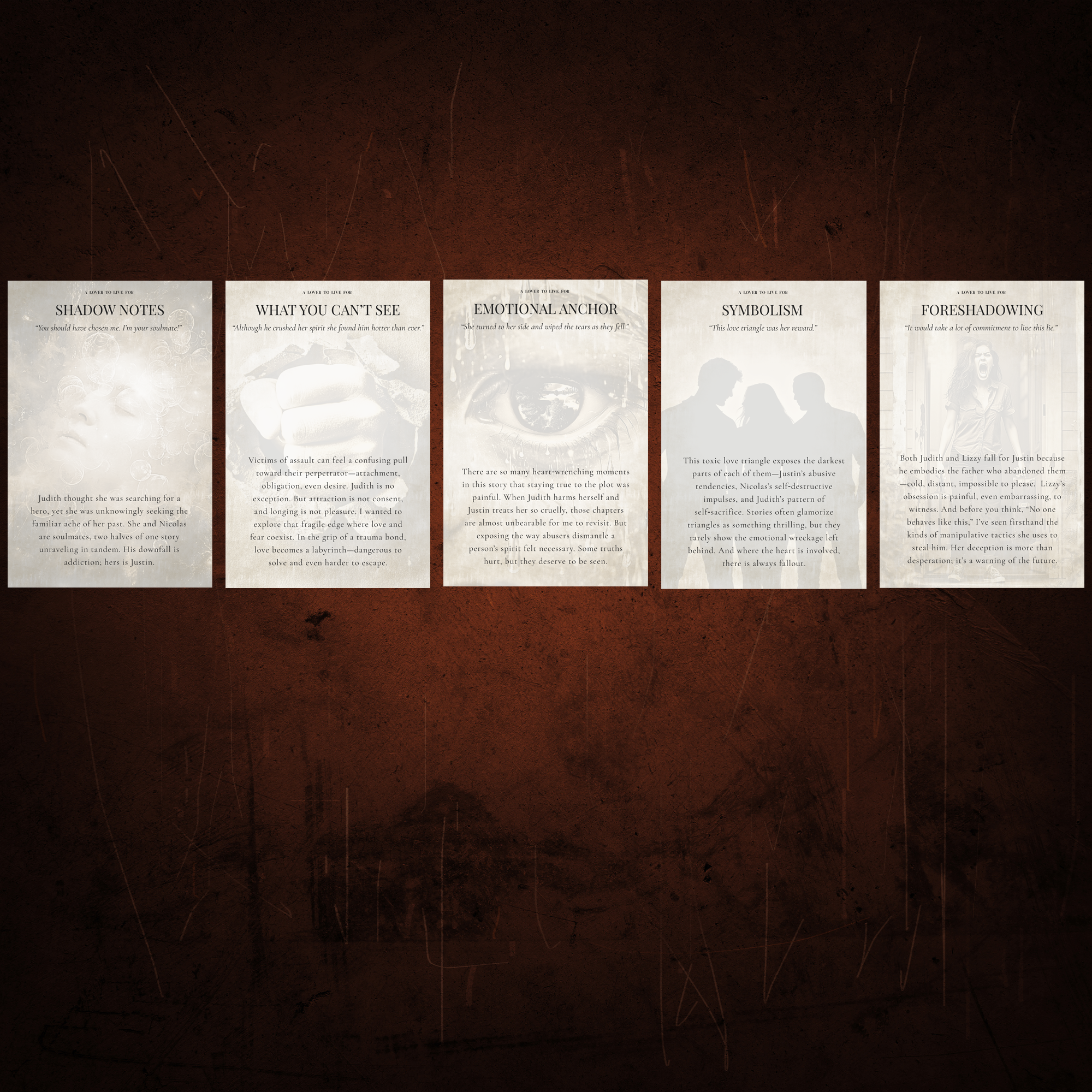 Five random annotation cards lined up for A Lover to Live For printed on cream matte cardstock in bronze with aged edges.