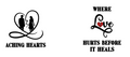 Two black and white graphics with text "love hurts before it heals" and the aching hearts logo of a man and woman inside of a cracked heart on a white background.