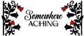Decorative text 'Somewhere Aching' with black floral designs and red flowers on a white background