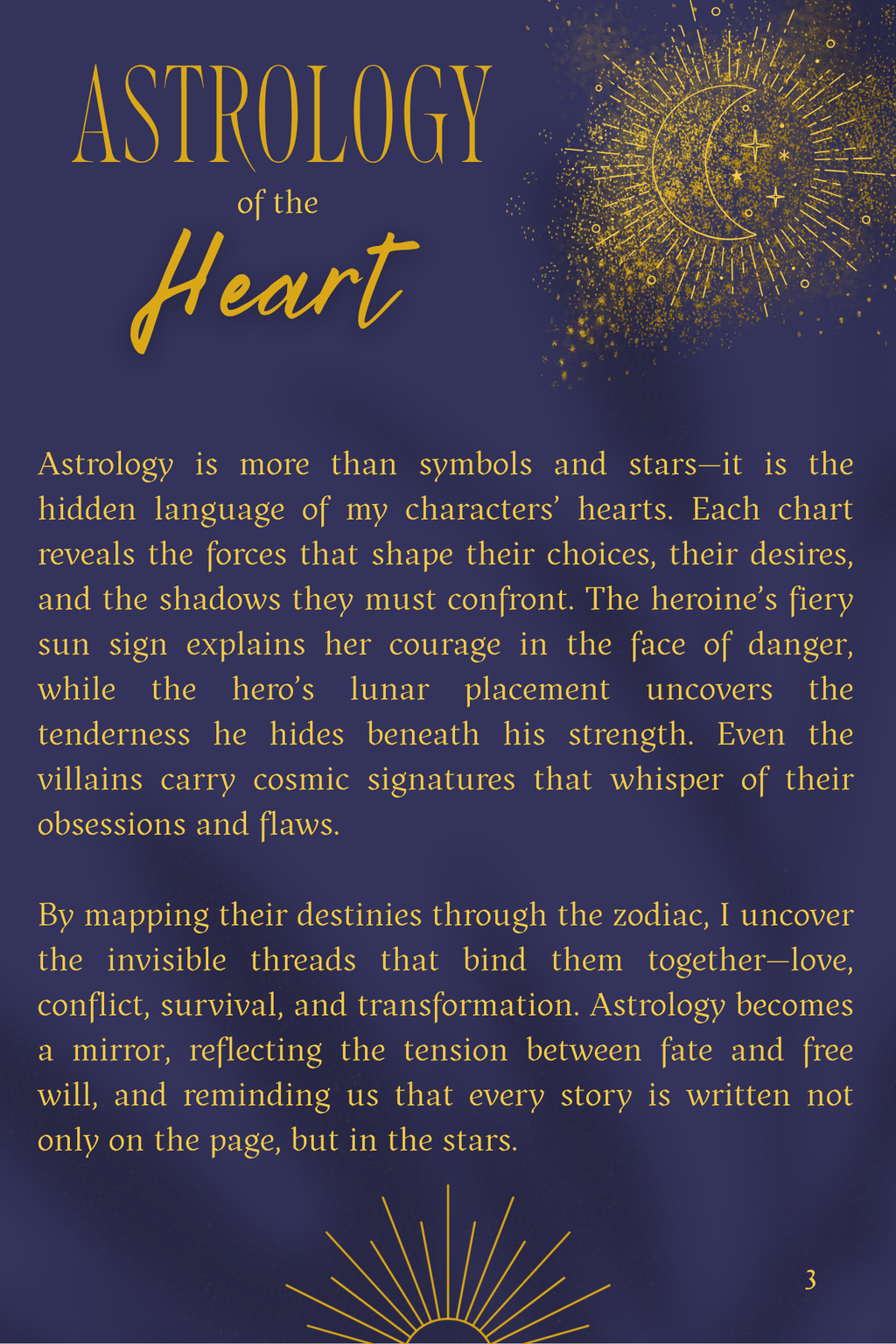 Book page about astrology of the Heart with text and celestial designs on a blue background
