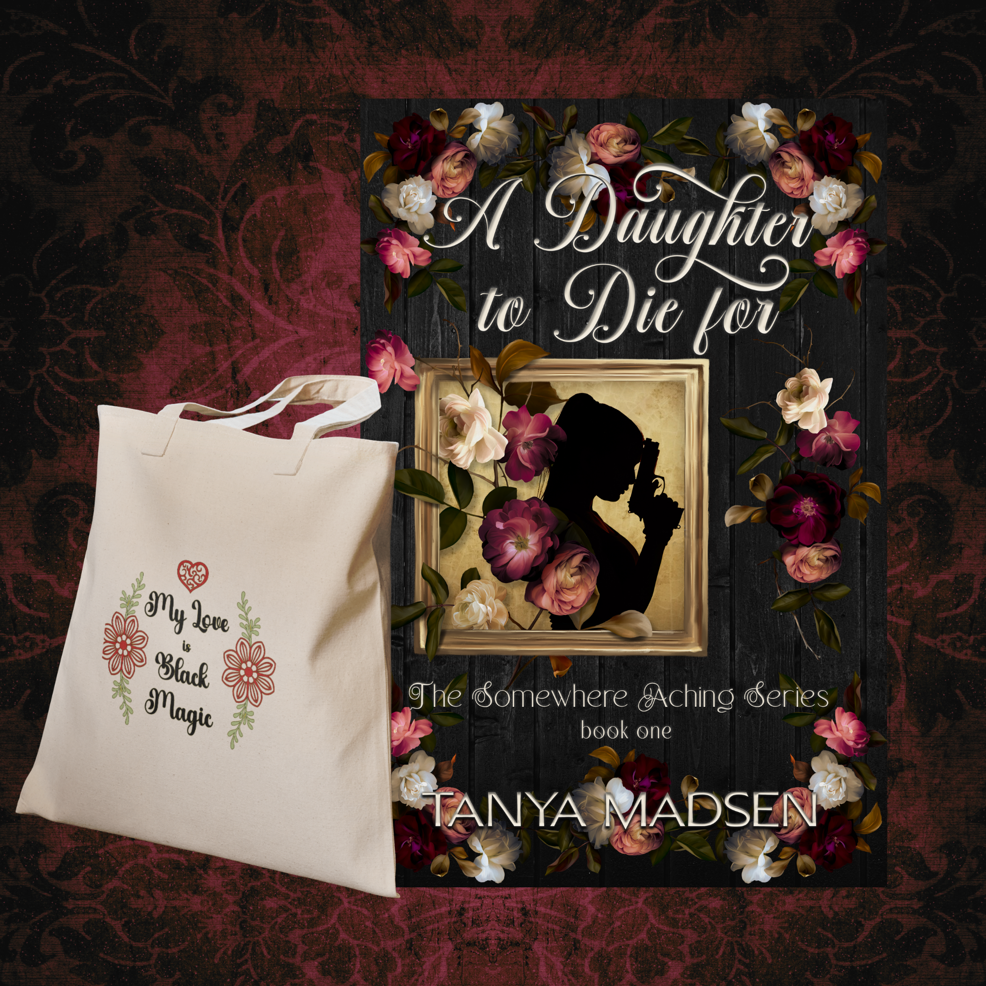 Book cover of 'A Daughter to Die For' by Tanya Madsen with a tote bag featuring floral design.