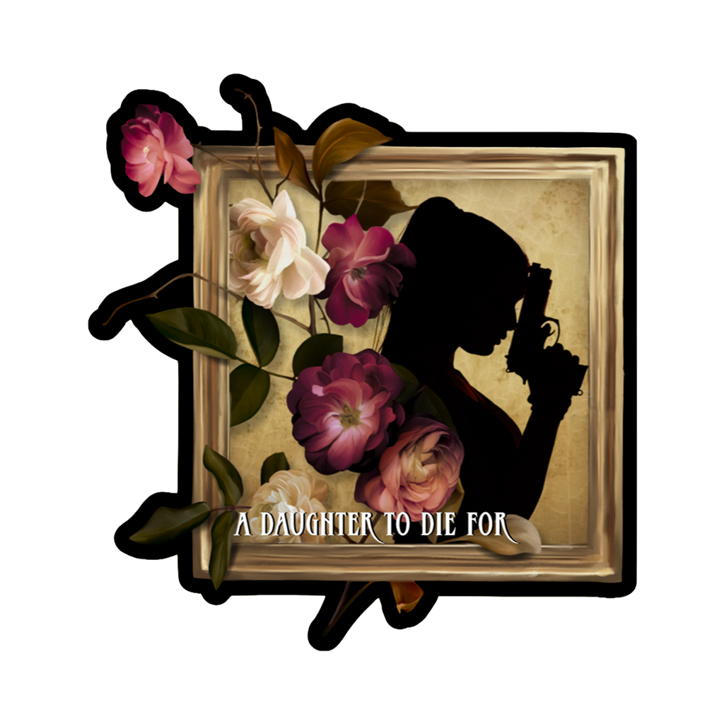 A glossy vinyl book cover sticker featuring the silhouette from A Daughter to Die For. 