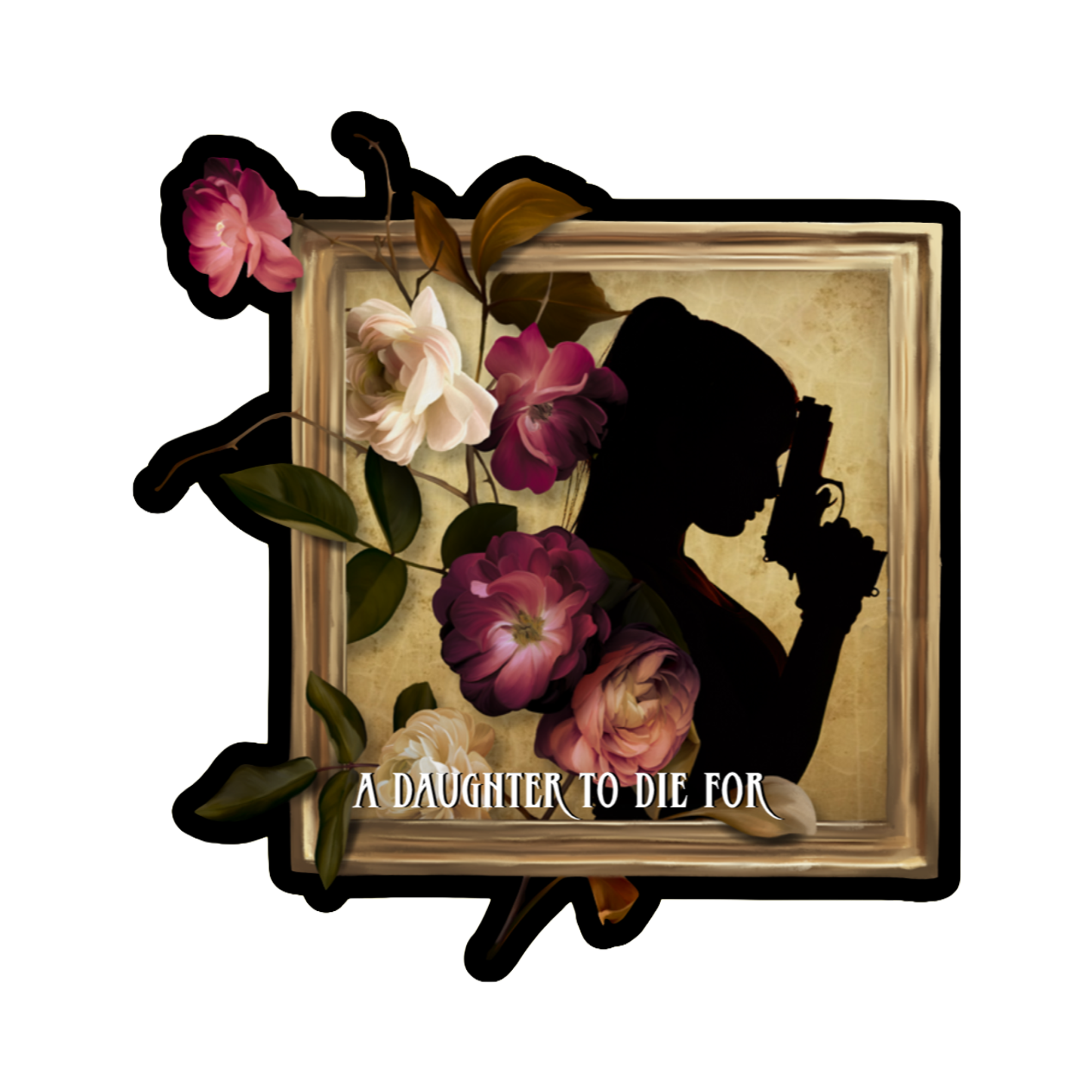 A glossy vinyl book cover sticker featuring the silhouette from A Daughter to Die For. 
