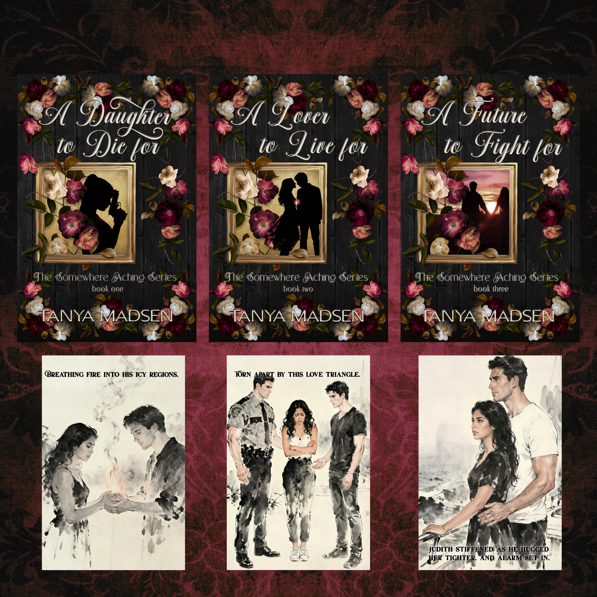 The book covers for 'The Somewhere Acting Series' by Tanya Madsen on a dark background along with illustrated art for the series.