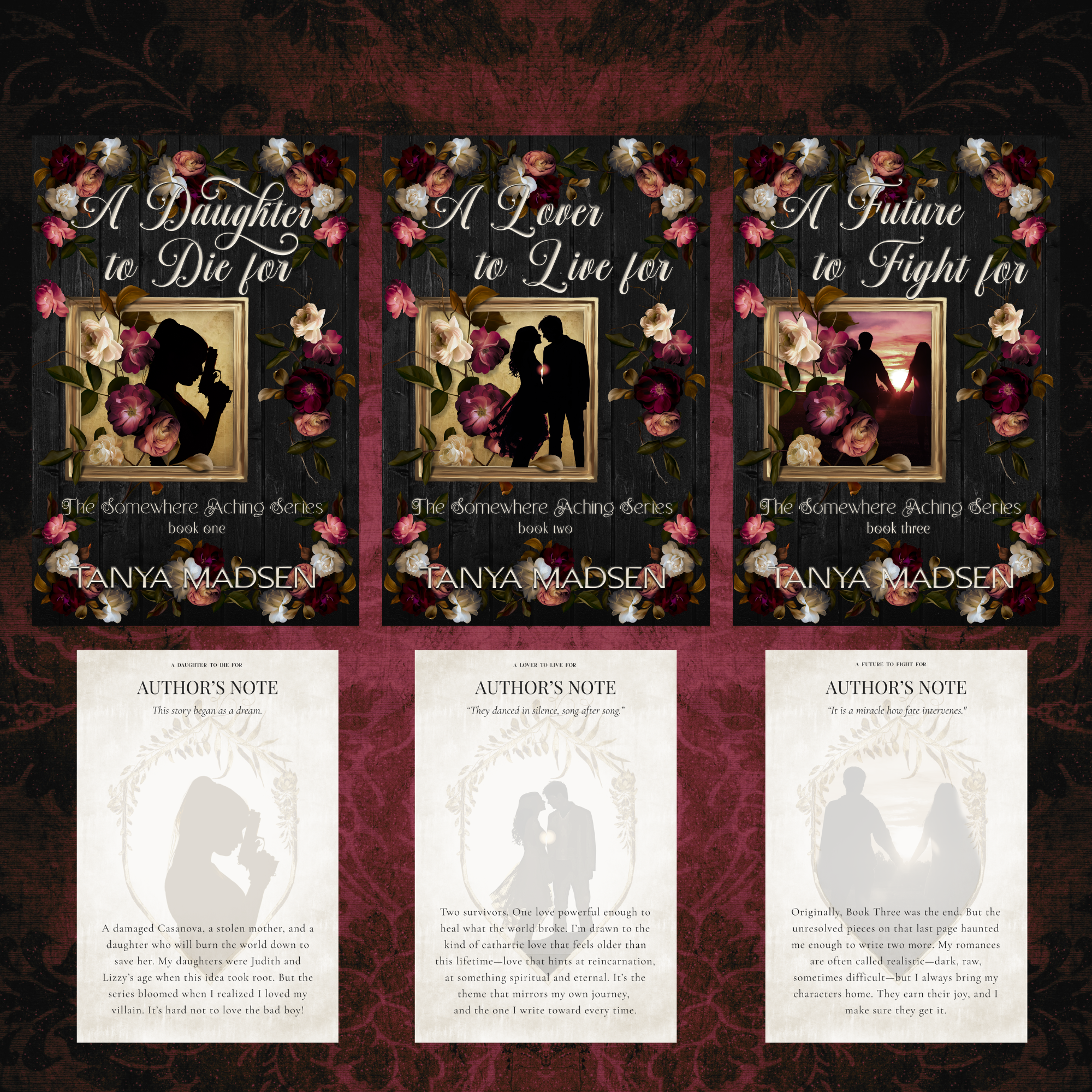 The book covers for 'The Somewhere Acting Series' by Tanya Madsen on a dark background along with annotation cards for the series.