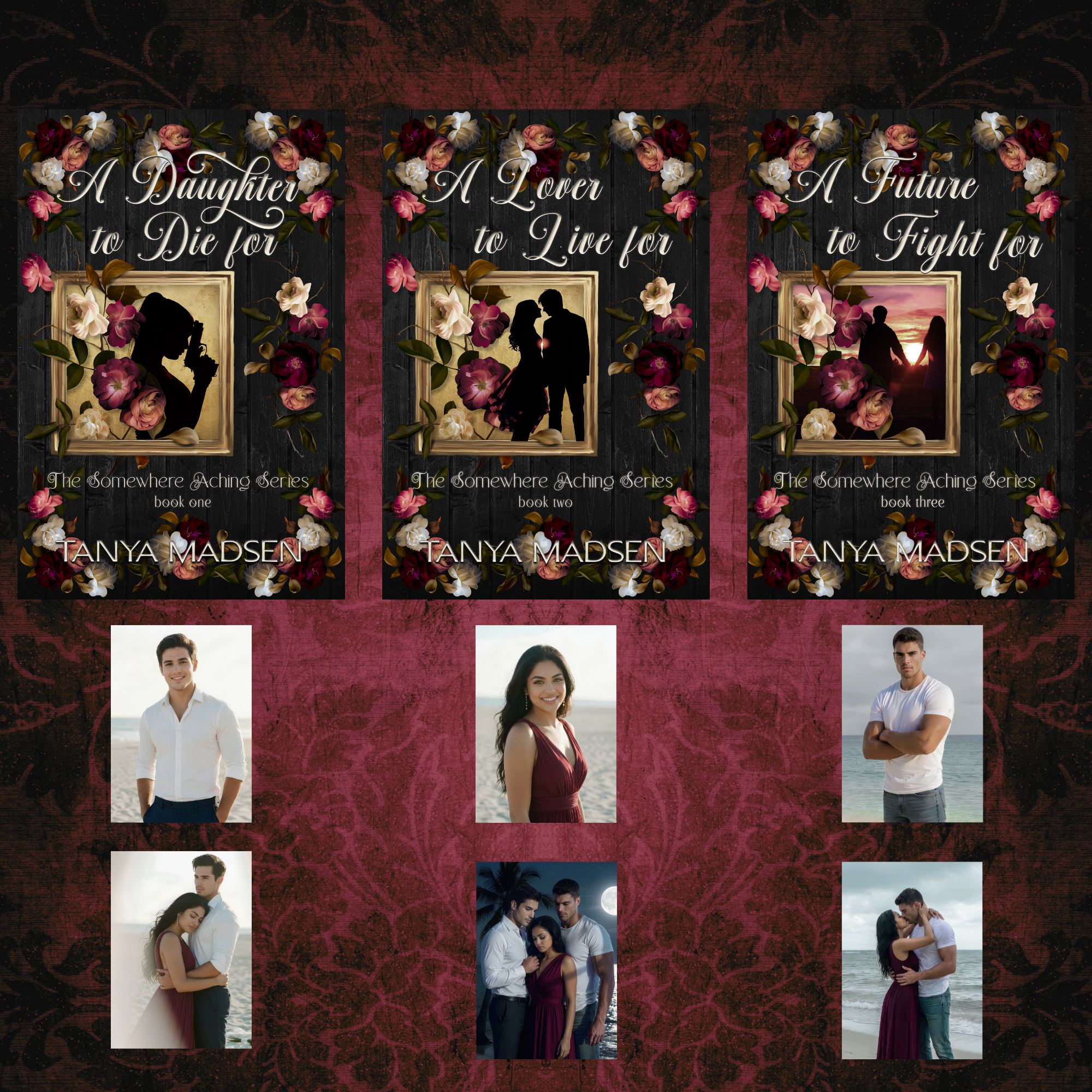Collection of book covers and promotional images for 'The Somewhere Among Series' by Tanya Madsen on a dark background.