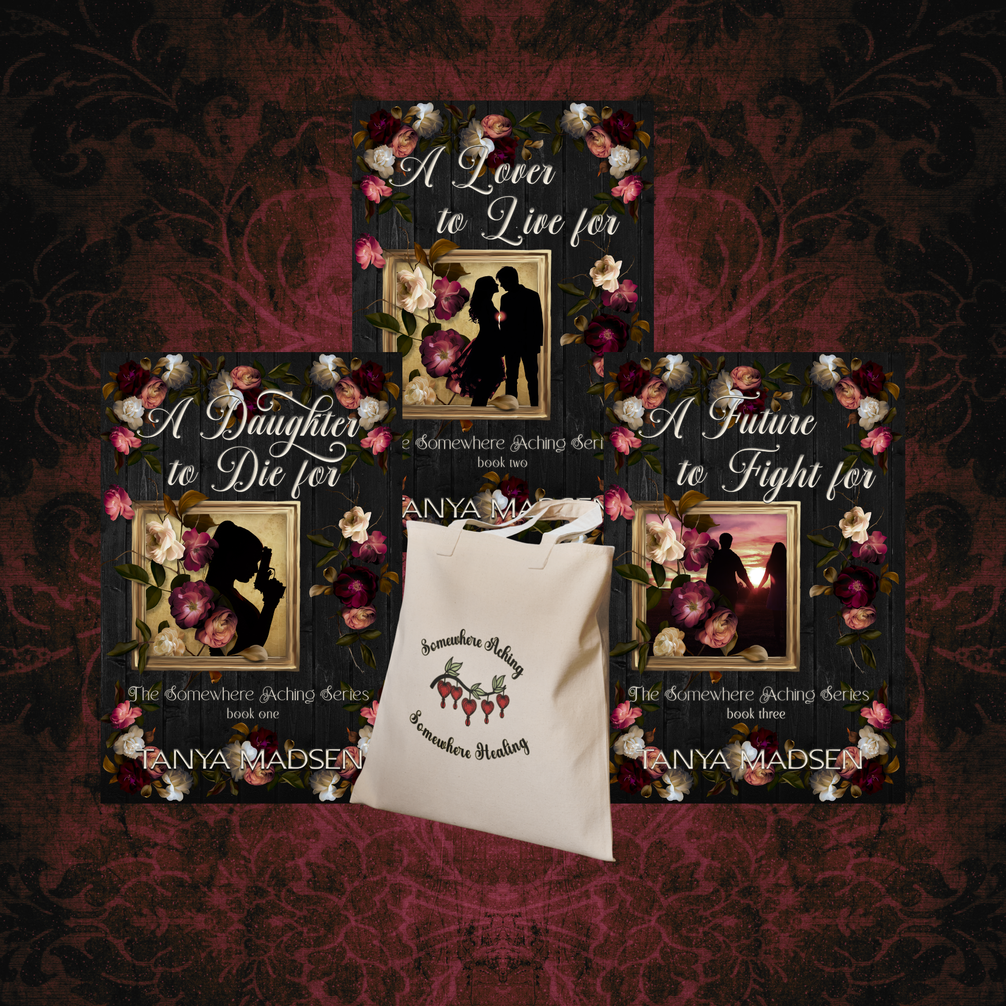 The Somewhere Aching Books 1-3 and a tote bag with 'Somewhere Acting Series' branding on a dark floral background.