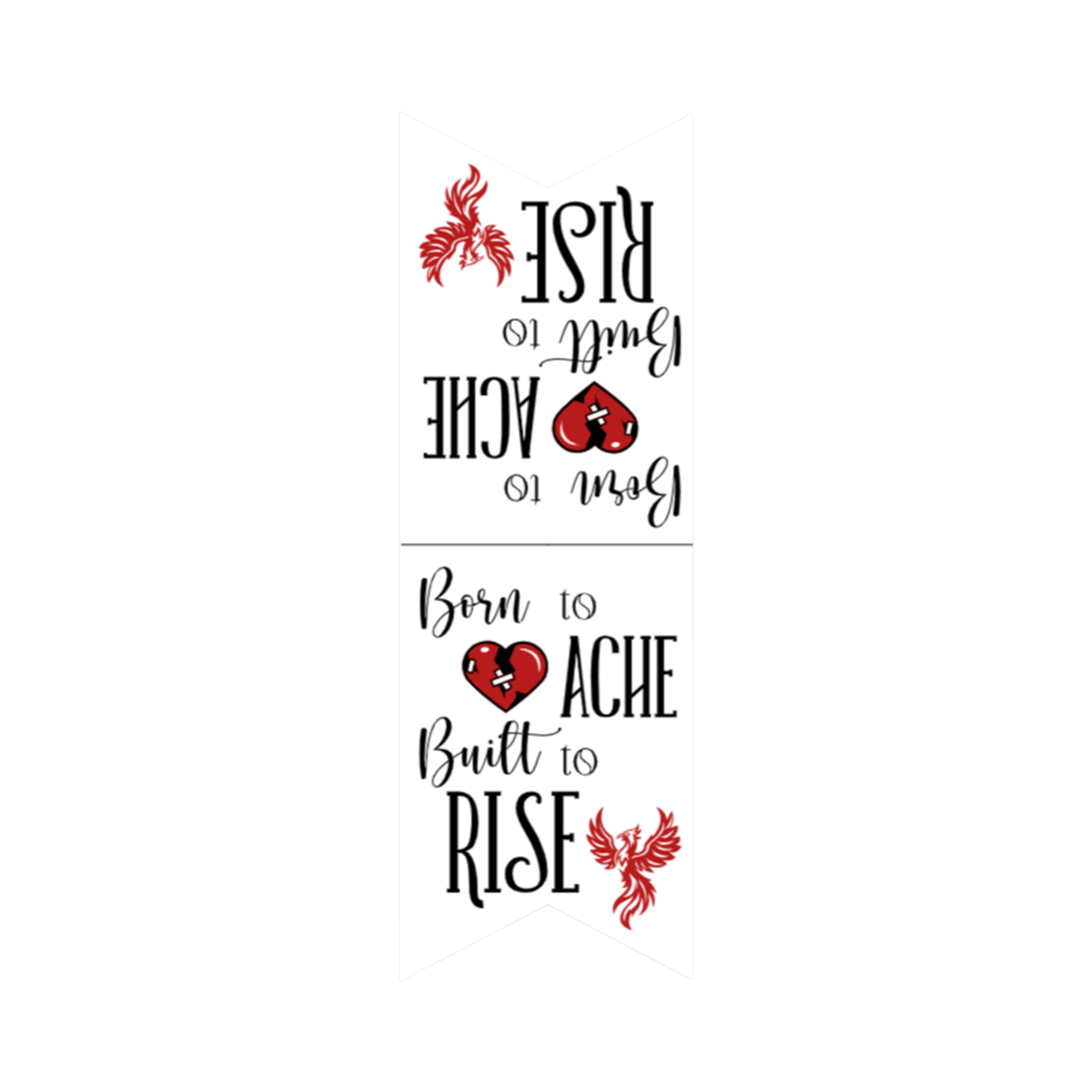 Magnetic bookmark featuring the quote: "born to ache, built to rise" in white with black text