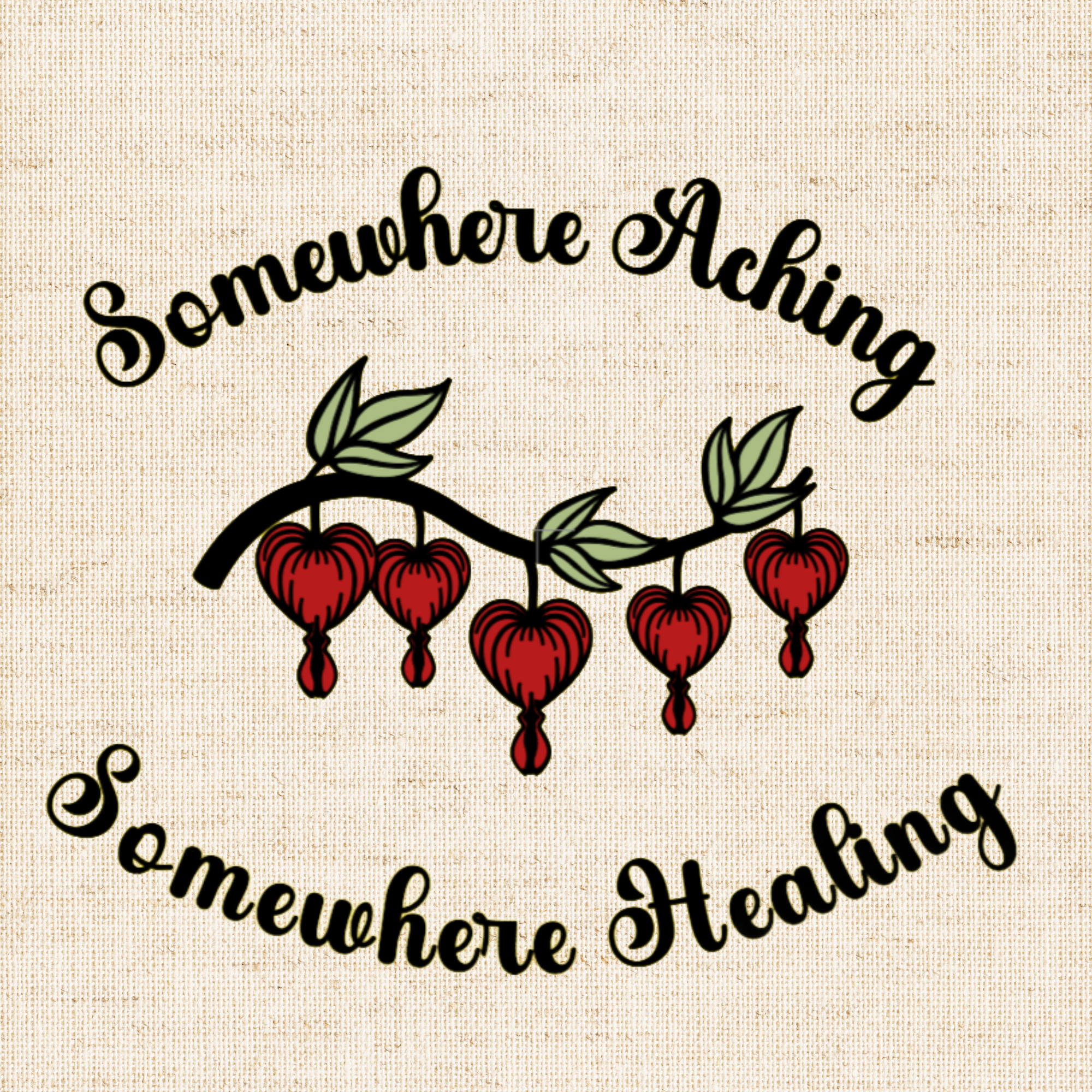 A closeup of the canvas tote design showing the quote “Somewhere Aching, Somewhere Healing” paired with a cluster of bleeding hearts.