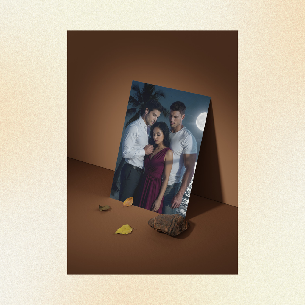 A photo displayed against a brown wall of Judith flanked by Nicolas and Justin the moon shining behind them on the ocean, a palm tree looming behind them; all are downcast, somewhere aching.