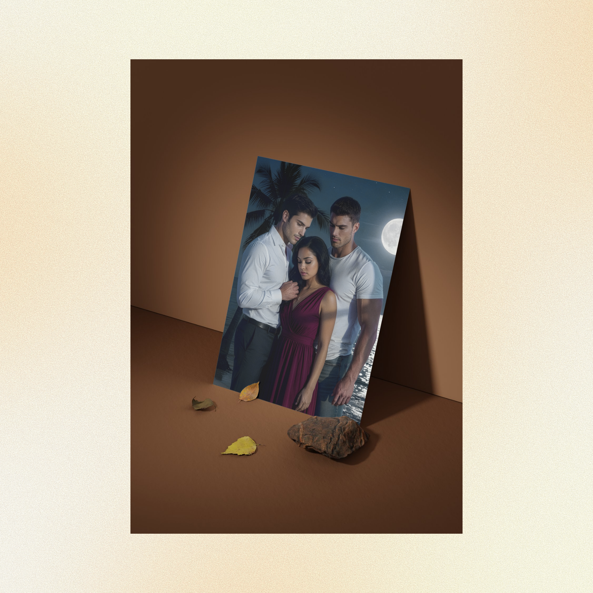 A photo displayed against a brown wall of Judith flanked by Nicolas and Justin the moon shining behind them on the ocean, a palm tree looming behind them; all are downcast, somewhere aching.