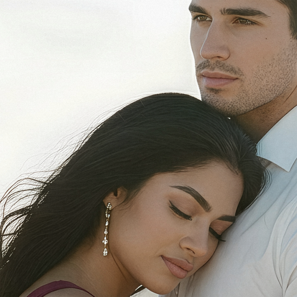 A close-up photo of Judith hugging Nicolas in front of the ocean her head laying against is chest, her expression is one of serenity and joy, his eyes reflect pure contentment.