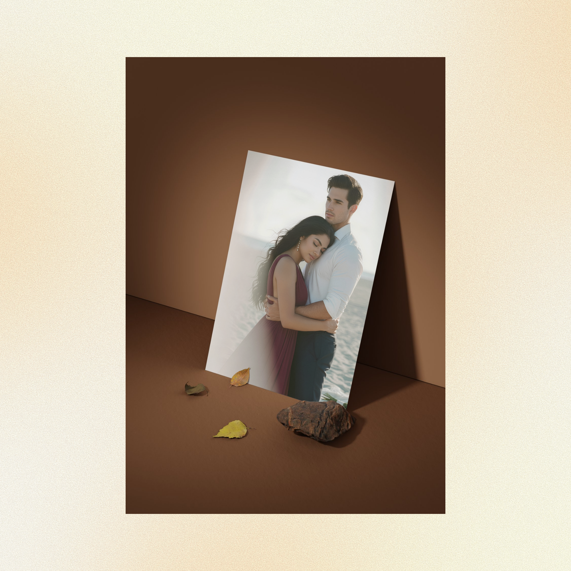A photo displayed against a brown wall of Judith hugging Nicolas in front of the ocean her head laying against is chest, her expression is one of serenity and joy, his eyes reflect pure contentment.