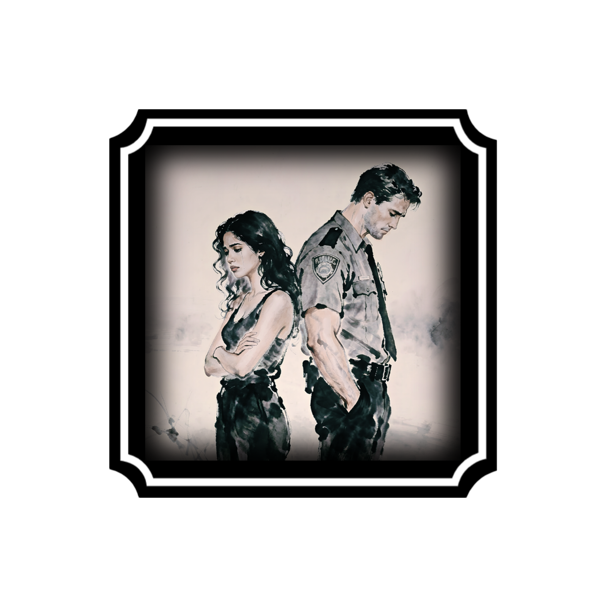 A 3x3 glossy, black‑pink‑white, vinyl sticker of Judith and Justin after an argument, back‑to‑back with a tear on her cheek.