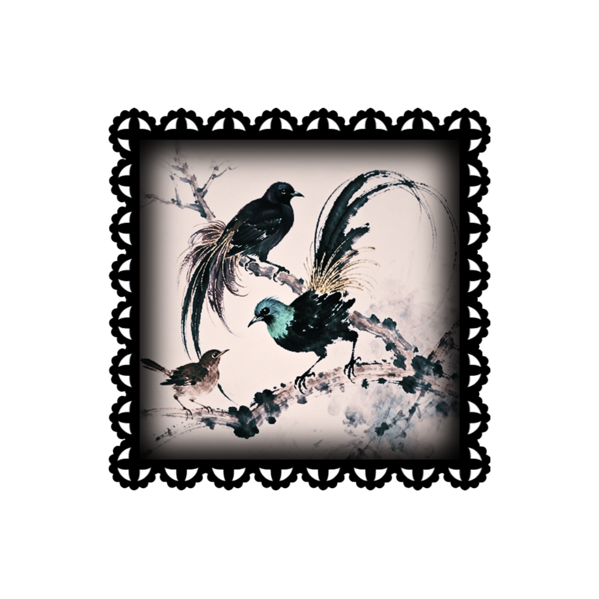 A 3x3 glossy, black‑pink‑white, vinyl sticker of two male birds of paradise dancing before a female.